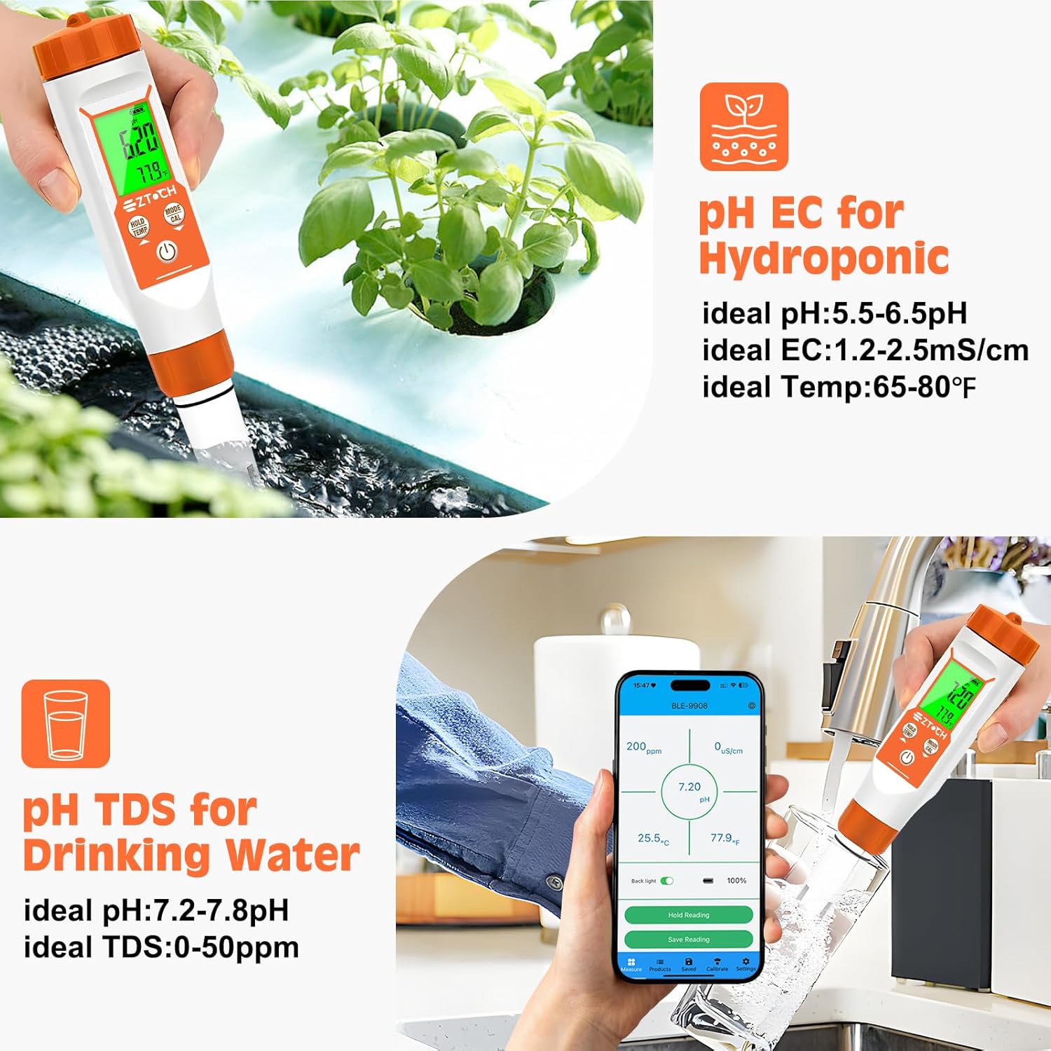 4 in 1 pH EC TDS Meter for Water Hydroponic with EC Calibration Solution, with Extra EC 1413μS/cm and 12.88mS/cm EC Calibration Solution, Each 2 Bottles 50ml