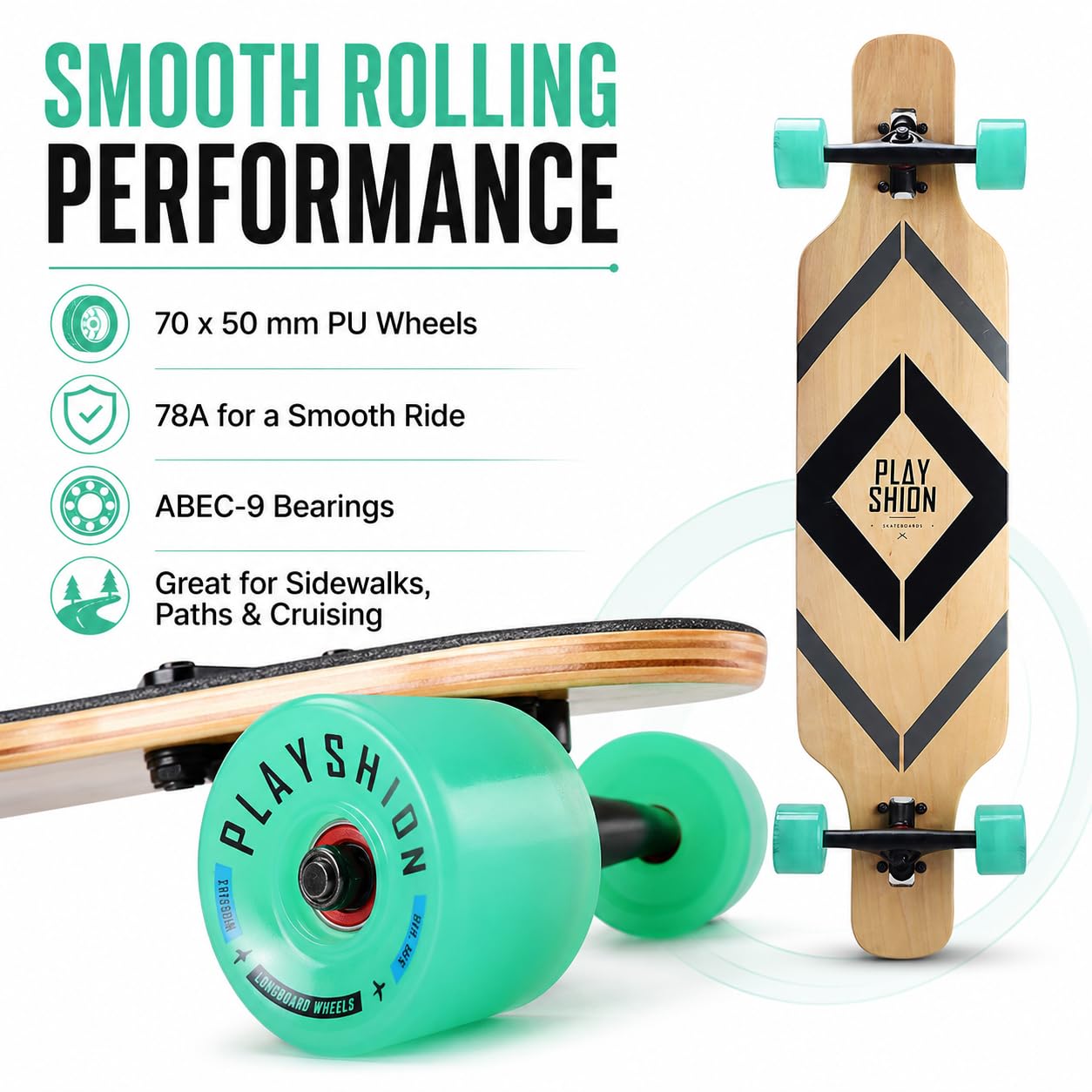Playshion Longboard de 39 Pulgadas con rodamientos ABEC-9, Drop-Through Freeride Skateboards Cruiser