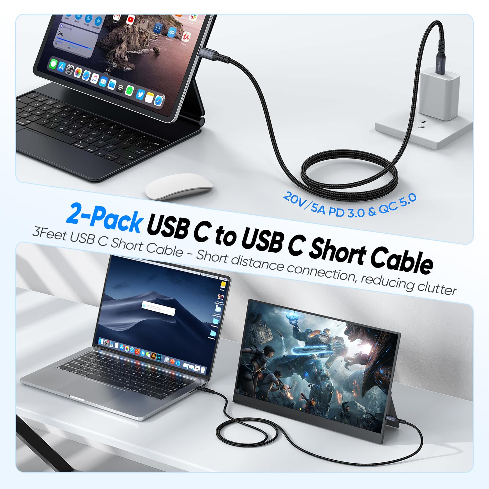 Kabel do transmisji danych USB C na USB C, 9 m, 2 sztuki, USB 3.2 Gen 2, typ C, 20 Gb/s, szybki transfer danych, monitor wideo 4K, 100 W, szybkie ładowanie, pełna funkcja do telefonu, iPada, huba