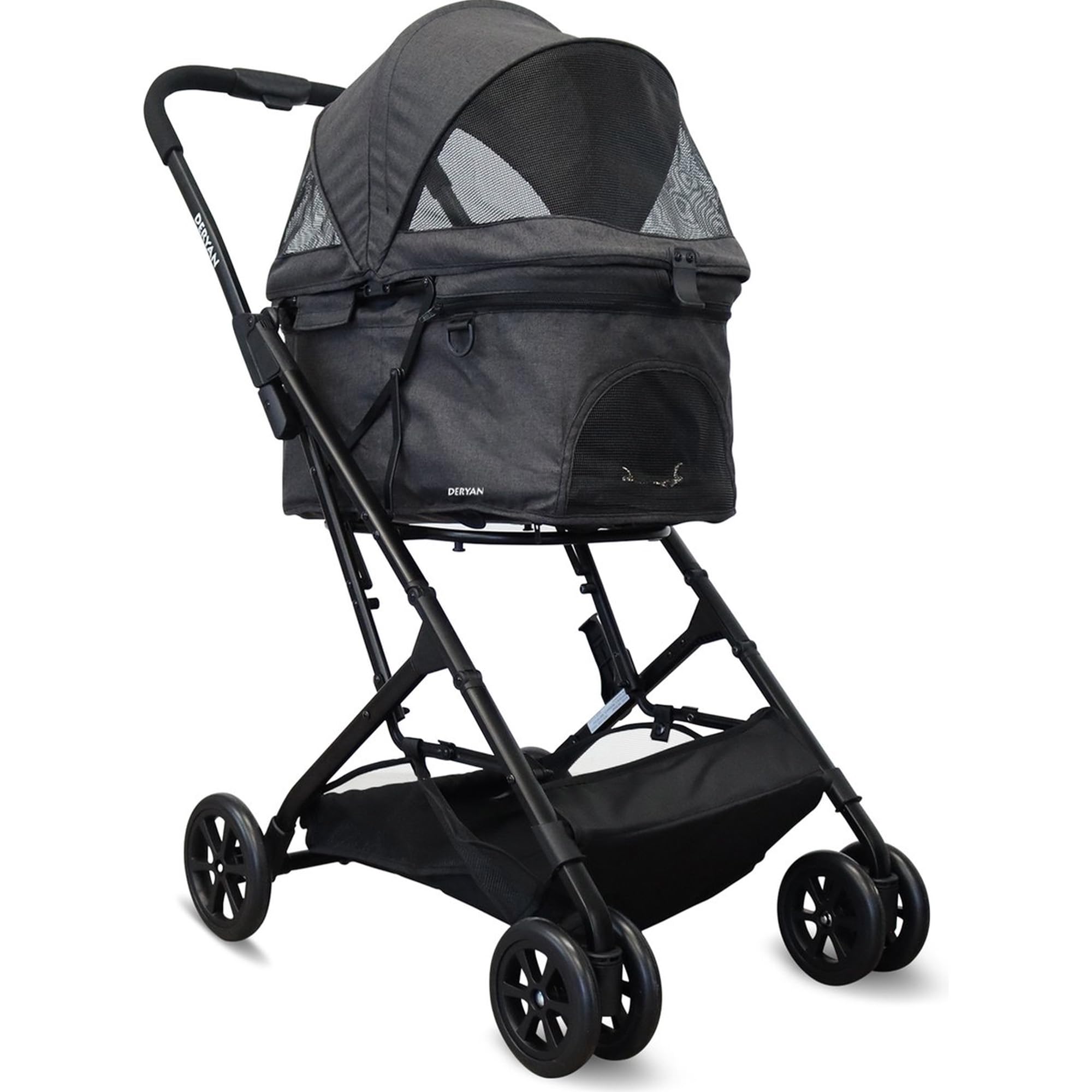 Deryan Luxus-Klappbarer Hundewagen, Katzenbuggy – Haustier-Kinderwagen – Bis zu 18 kg – Schwarz