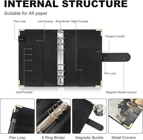 Miniatura 47 de Carpeta A5 recargable de piel sintética con 6 anillas, cubierta para cuaderno pequeño para papel de relleno A5, cubierta de planificador personal