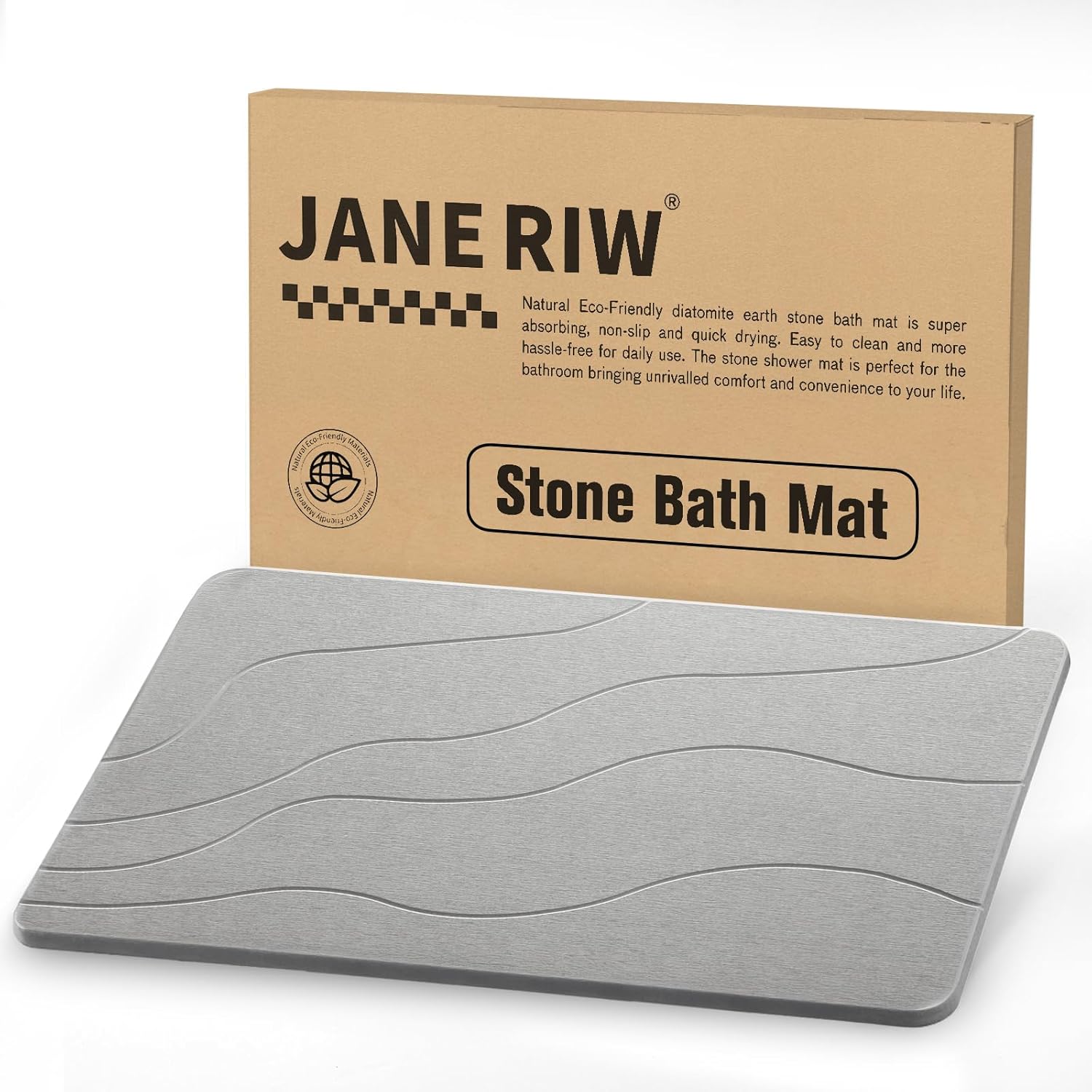 Stone Bath Mat, Super Absorbent, Dries Quickly Diatomaceous Earth Stone Bath Mats for Bathroom, Non-Slip Shower Mat, Easy to Clean, 23.5" x 15.5" Light Gray-Wave