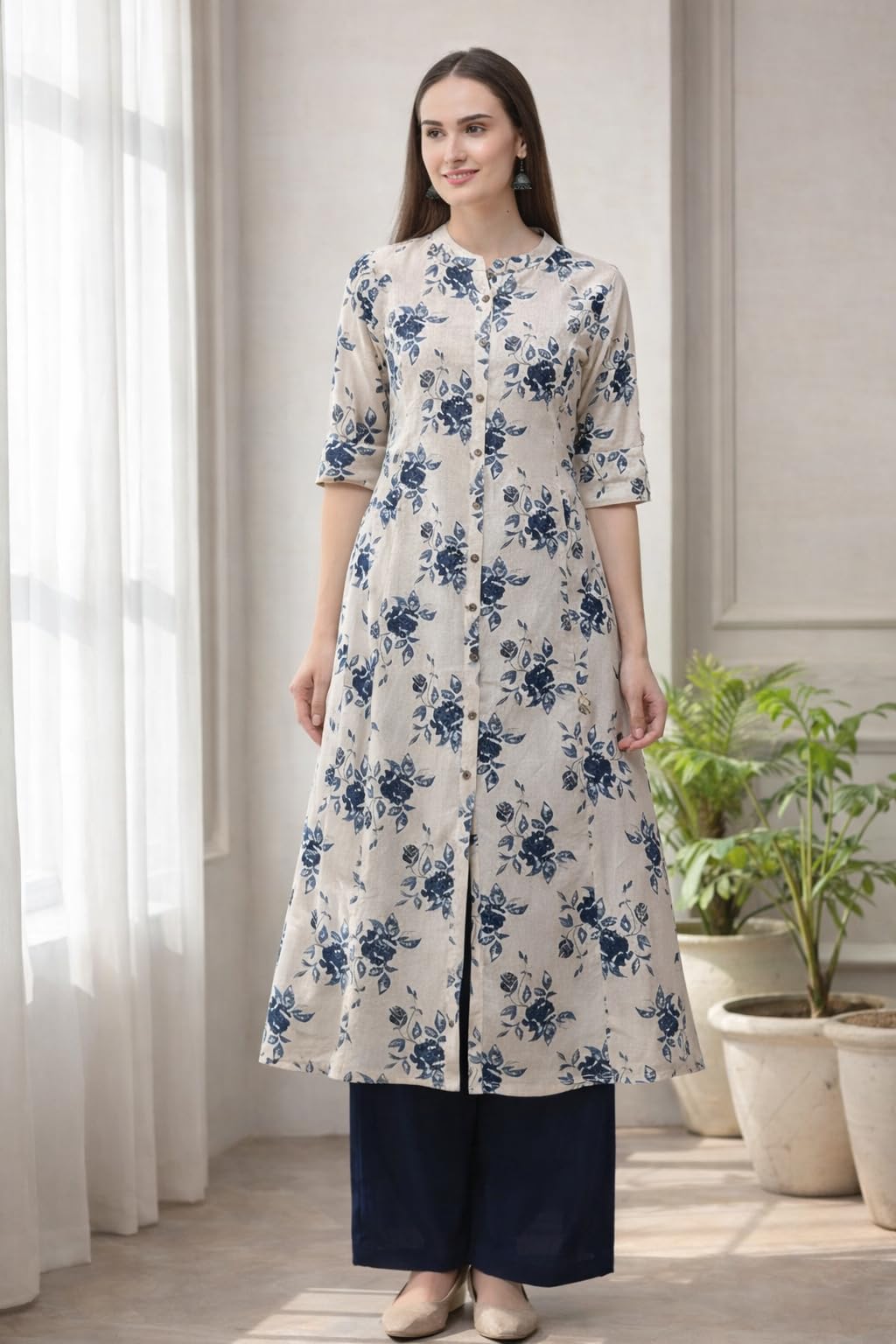 Pistaa's Women's Cotton Regular Fit Kurta (KU_CHESS_MG_MX_Navy Blue_Medium) 4