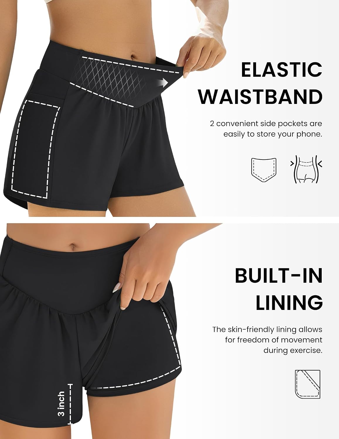 Ekouaer Women's 3" Board Shorts High Waisted Swim Shorts Swimsuit Bottoms Beach Shorts with Pockets S-2XL
