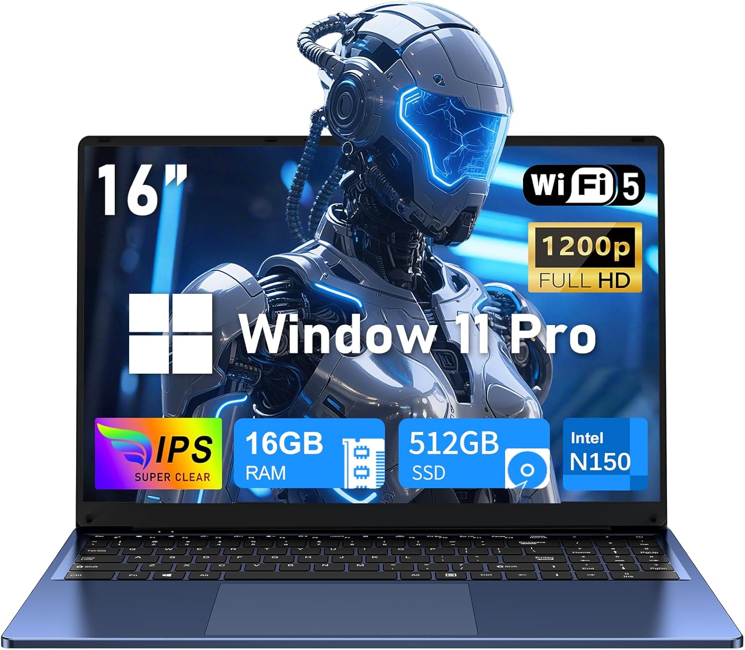 16 Inch Laptop Computer, Gaming Laptop 2025, 16GB RAM 512GB SSD, N150 Processor(Up to 3.6GHz), 2 Years Warranty, FHD 1920 * 1200, Backlit, BT4 WIFI5, Windows 11 Pro, 6000mAh/46.2Wh, Premium Navy