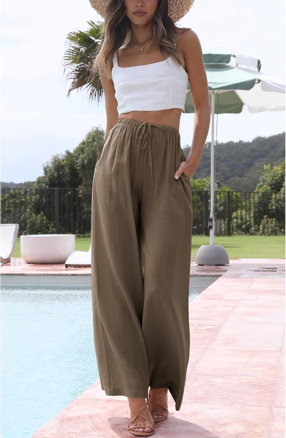 Duyang Womens Cotton Linen Palazzo Pants Drawstring Elastic Waist Casual Wide Leg Trousers with Pockets