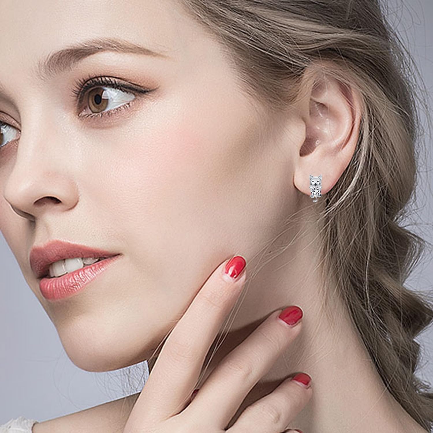 LONAGO Cat Stud Earrings with Synthetic Birthstone Cat Earring Jewelry Gift for Women