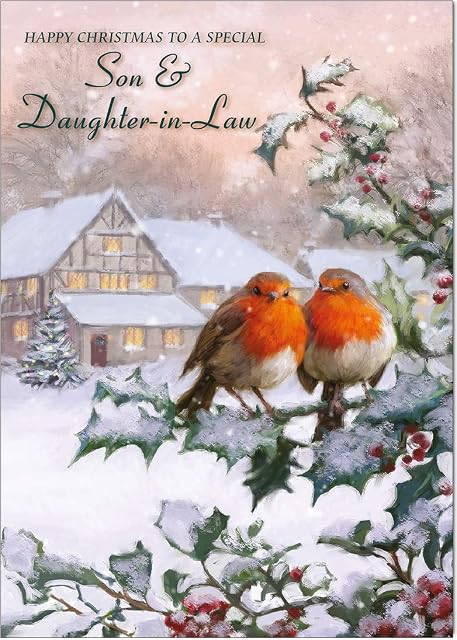 Olivia Samuel Son & Daughter-In-Law Christmas Card from Two Robins - Medium Sized Card (A5 Size -148mm x 210mm) with Peel and Seal Envelope