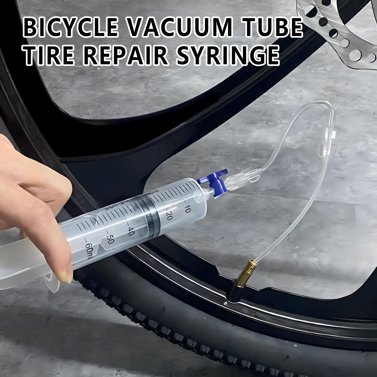 Zestaw do Naprawy Opon Tubeless na Rowery, Strzykawka 60ml z Narzędziem do Demontażu Ventila Presta, Wtryskiwacz Masy Uszczelniającej, Kompatybilny z Ventilami Schrader i Presta, do Kolarstwa
