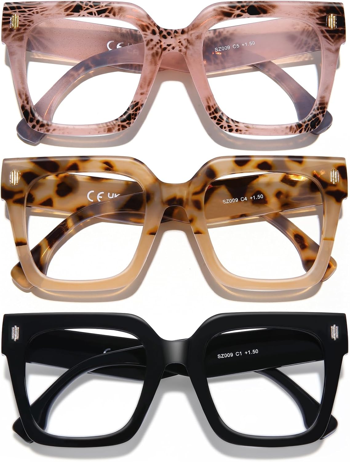 AQWANO Oversized Square Reading Glasses Women Men, Blue Light Blocking Computer Glasses, 3-Pack Fashion Large Readers