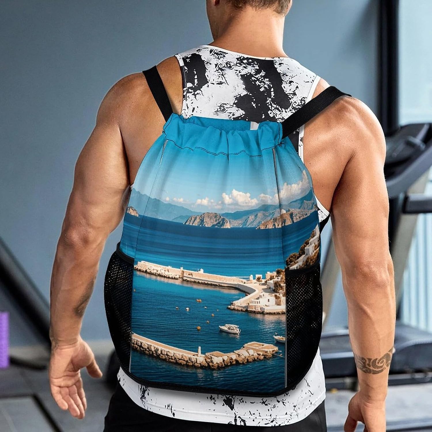 Greek Island Sea View Drawstring Backpack with Wet Pocket - Large Capacity Gym Bag with Shoe Compartment & Mesh Pockets, Adjustable Lightweight Gym Backpack for Swimming, Travel, Workout