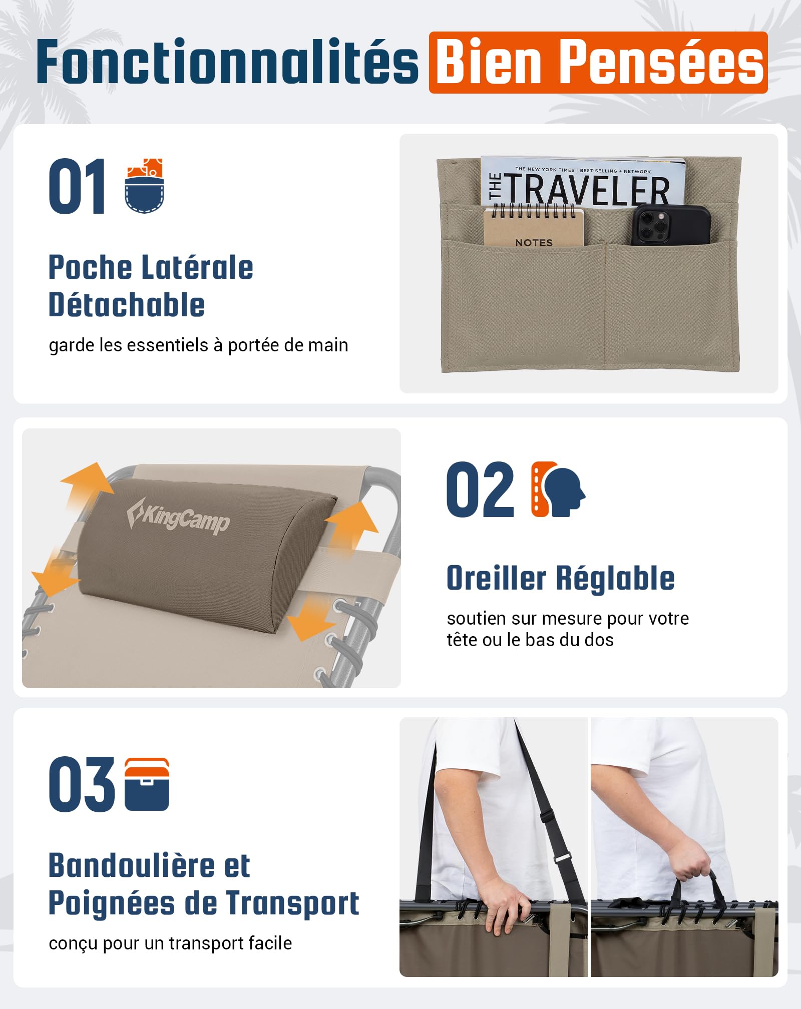 KingCamp Bain de Soleil Pliant 5 Positions Réglable Jusqu'à 180 kg, Beige | Chaise Longue Inclinable Pliable pour Jardin, Anti-Pincement Appuie-Tête Poche, Transat de Relaxation Pliant, Plage Camping