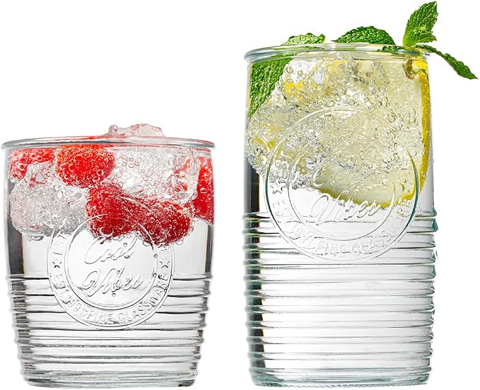 Le'raze Set of 8 Original Mason Drinking Glasses 4-18oz. Highball Tumbler Glasses, and 4-13oz. Whiskey Glass Cups for Everyday Home Use, Water, Beer, Juice, Cocktail.