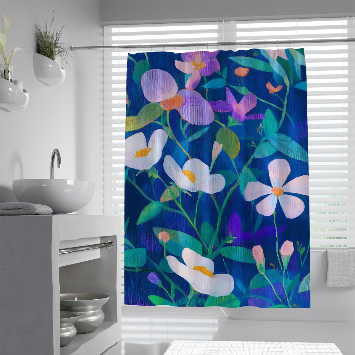 UIRINGART Vibrant Botanical Wildflower Shower Curtain W180xL220cm Pink White Flower Dark Blue Background Anti Mould Waterproof Bath Curtains With Hooks