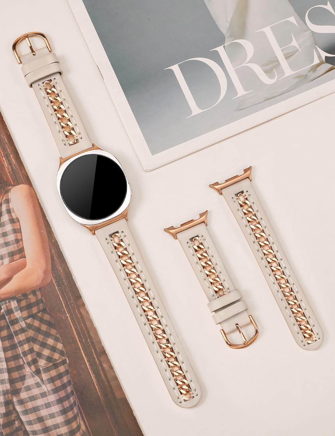 Minyee Leather Band Compatible with Samsung Galaxy Watch 8 40mm 44mm/ 8 Classic 46mm Bands, No Gap One-Click Dressy Premium Leather Strap with Stainless Steel Metal Chain Women, NOT for Other Models