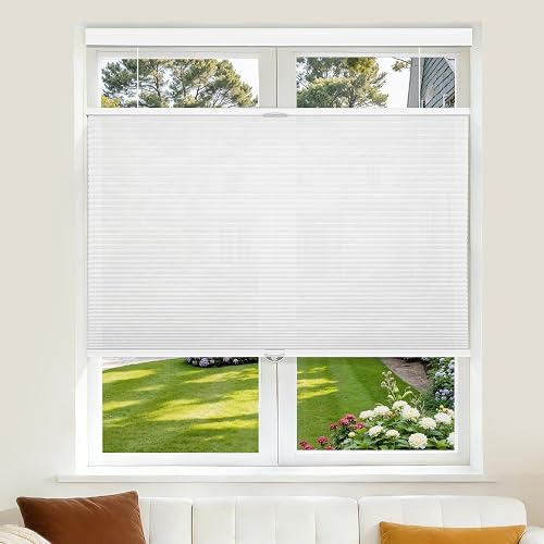 Grandekor Top Down Bottom Up Cellular Shades Cordless, Pull Down Honeycomb Blinds for Windows Room Darkening Blinds & Shades for Living Room Bedroom, Light Filtering, White, 34" Wx64 H