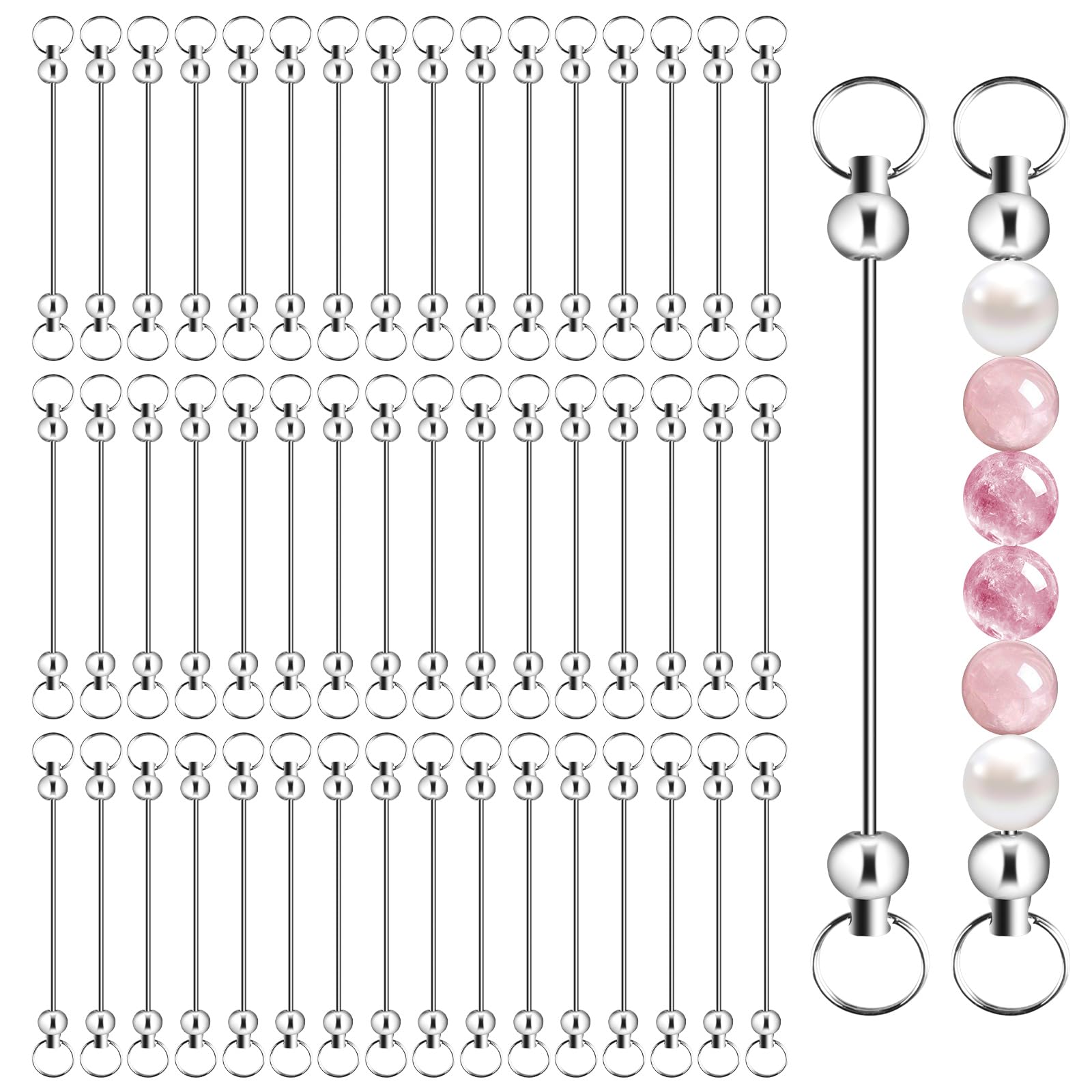 50 Pieces Blank Beadable Keychain Bar, Metal Silver DIY Blank Bead Chain Bar, Detachable Beadable Keychain Rods Charms Making Supplies for Pendant Jewelry Beaded Crafts (50Pcs)
