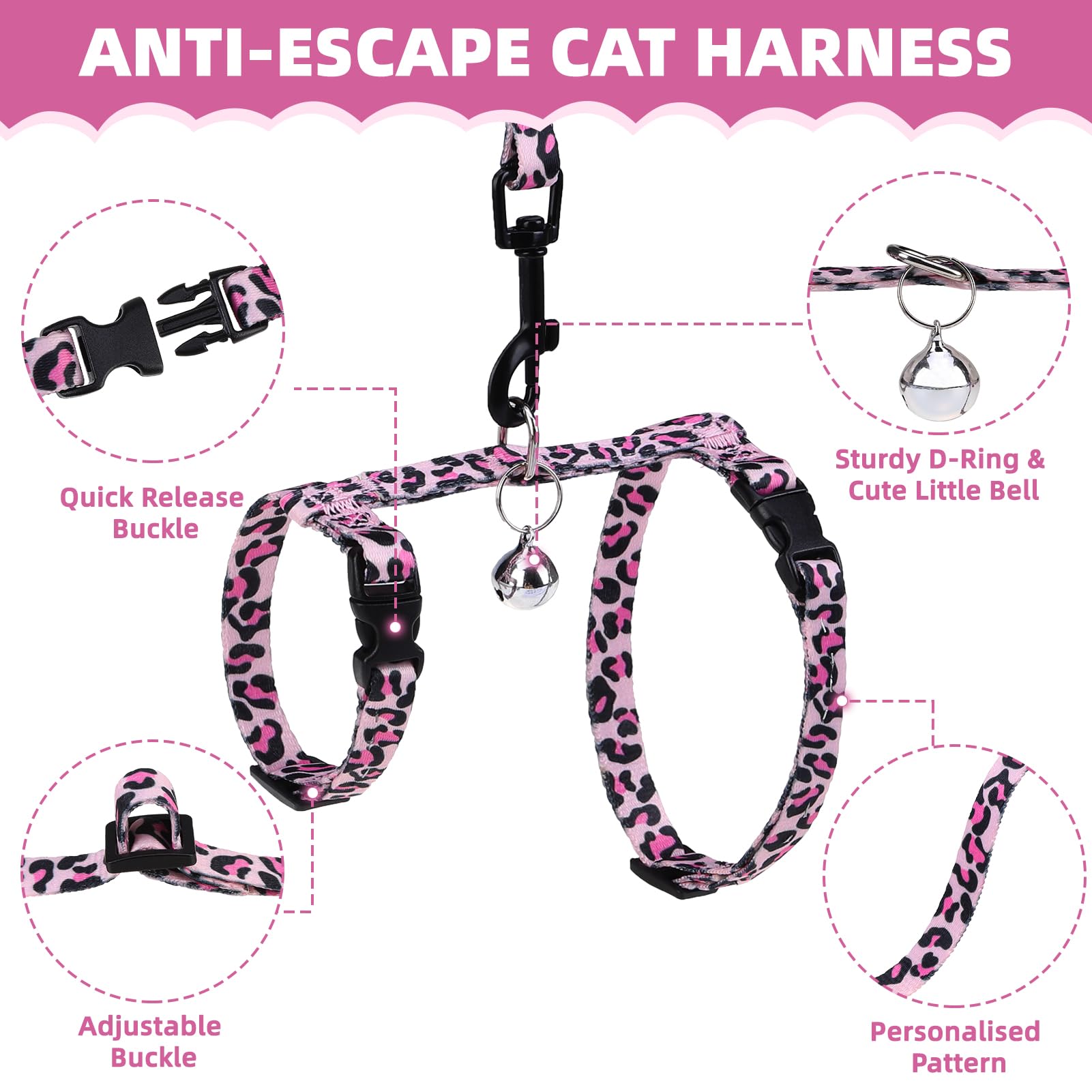 PAWCHIE Cat Harness and Leash Set, Cats Escape Proof-Adjustable Kitten Harness Lightweight Soft Outdoor Walking Travel Pet Safe Harness, Puppy Harness for Girl Cats Bunny Rabbit Small Dog, Pink S