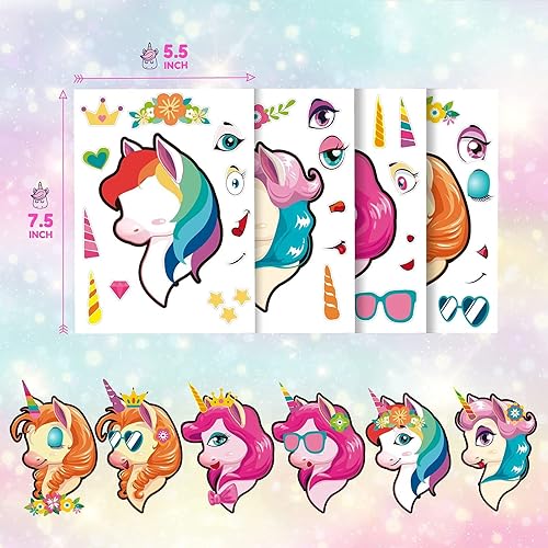 Miniatura 3 de Mocoosy 48 calcomanías de unicornio para niñas de 4 a 6 años, recuerdos de fiesta de unicornio para niños de 3 a 5 años, haz tu propia cara, hojas