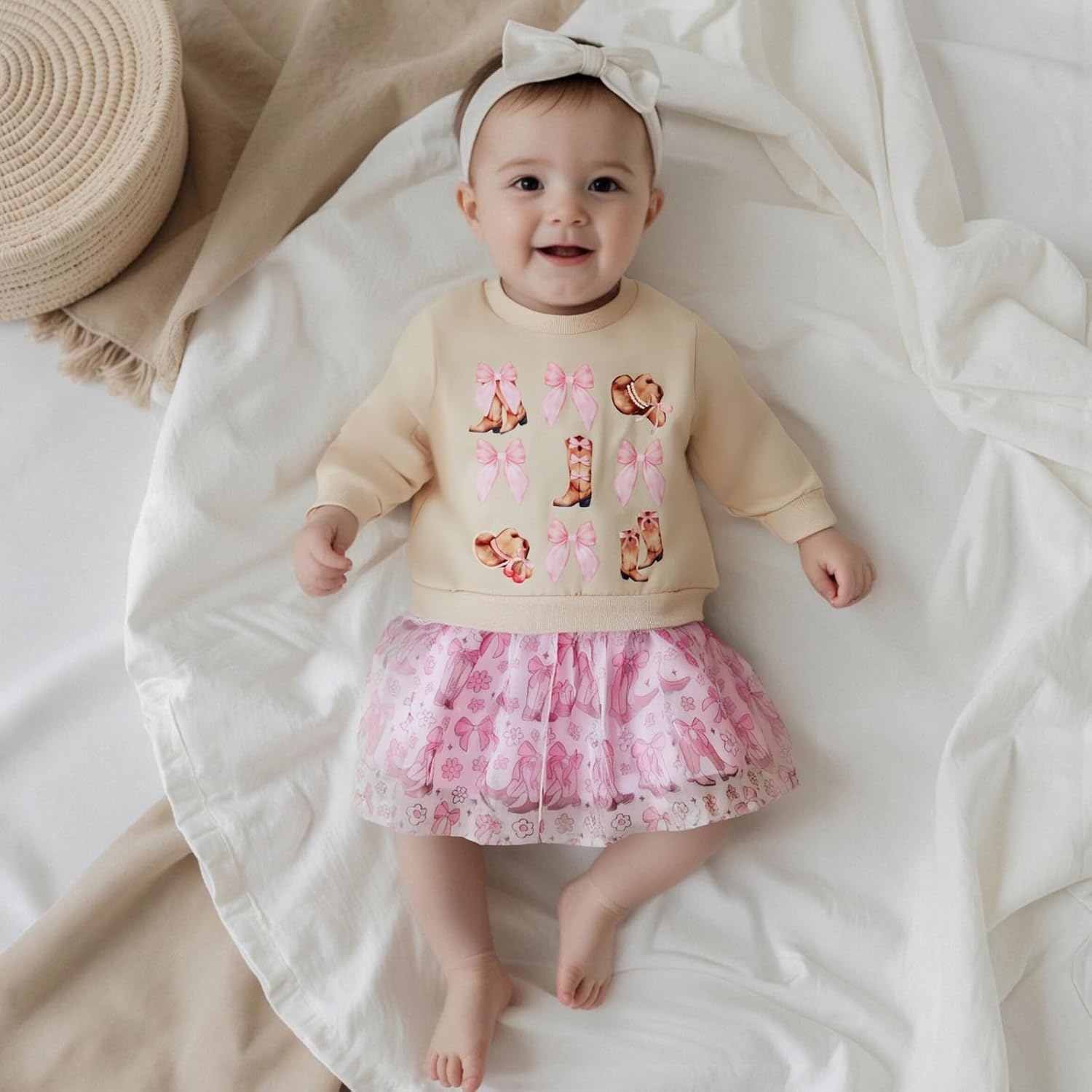 Western Toddler Baby Girl Fall Clothes Bow Boots Long Sleeve Sweatshirt Tulle Tutu Skirt Set Kids Cowgirl Outfit - Image 3