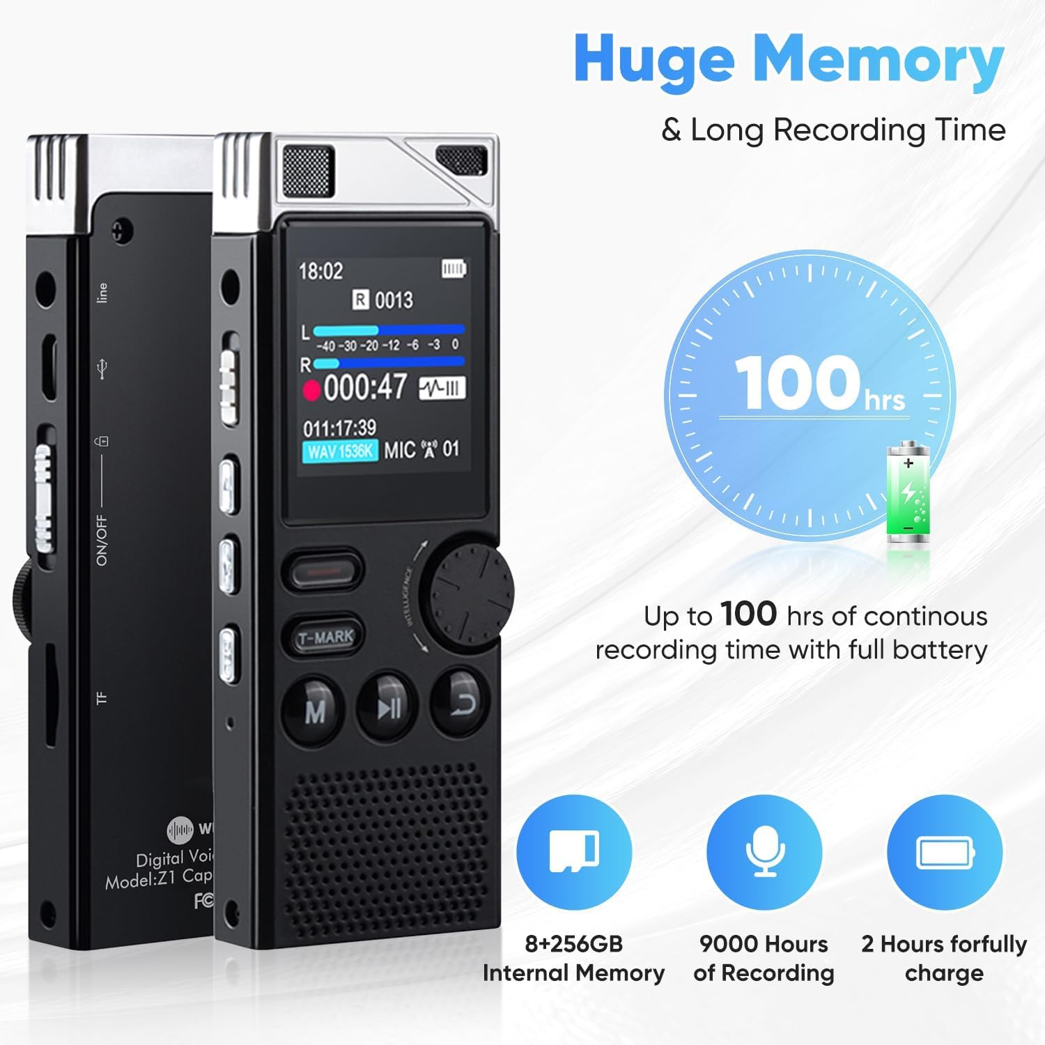 Professional 264GB WUCOTC Digital Voice Recorder - Voice Activated Recorder for Lectures Meetings - 18000 Hours Recording Device with Playback, MP3 Player, Password Protection, Variable Speed, Black