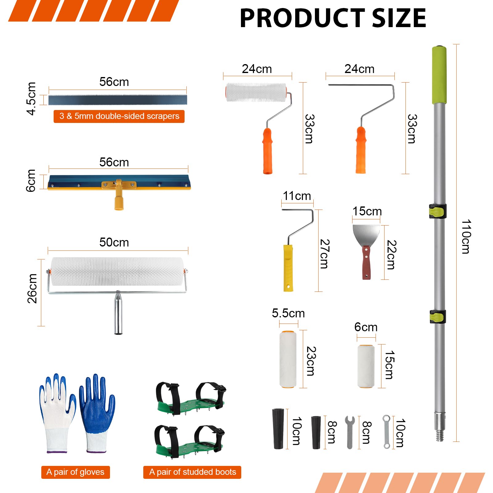 EXLECO Kit Autolivellante Per Pavimenti, 3&5MM Bifacciale Raschietto Pavimenti in Acciaio Inox, Rullo di Sfiato, Pittura con Rullo, Asta Telescopica, Scarpe Chiodate 30MM, Spatole per Stucco, Guanti