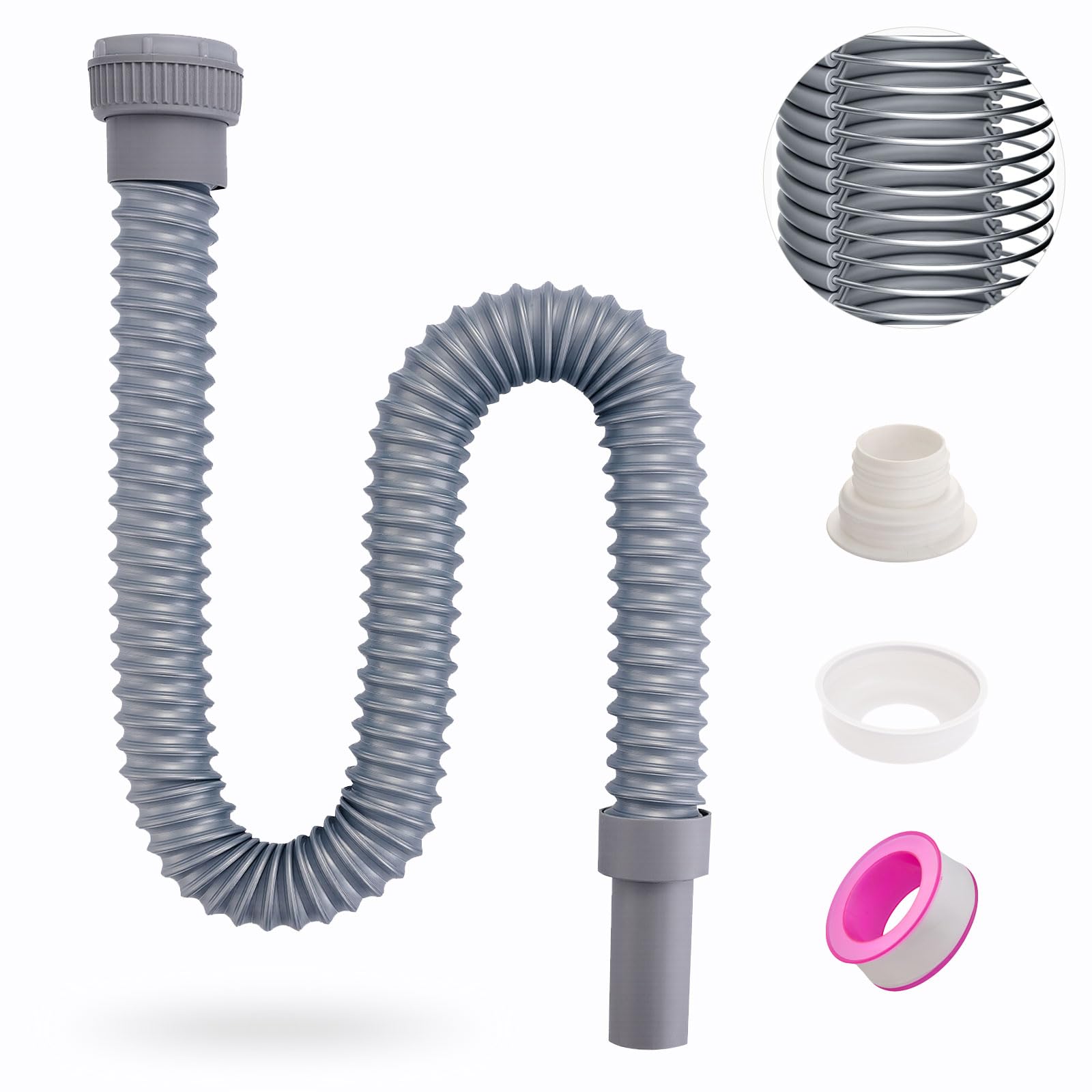 Pronese Flexible 40mm Waste Pipe, Kitchen Sink Waste kit with Reinforced Steel Wire with an Adapter, Fits G1 1/4" & G1 1/2" （≈40 & 45mm） Odour-Proof Trap/P-Trap for Kitchen & Bathroom, Grey — image 1