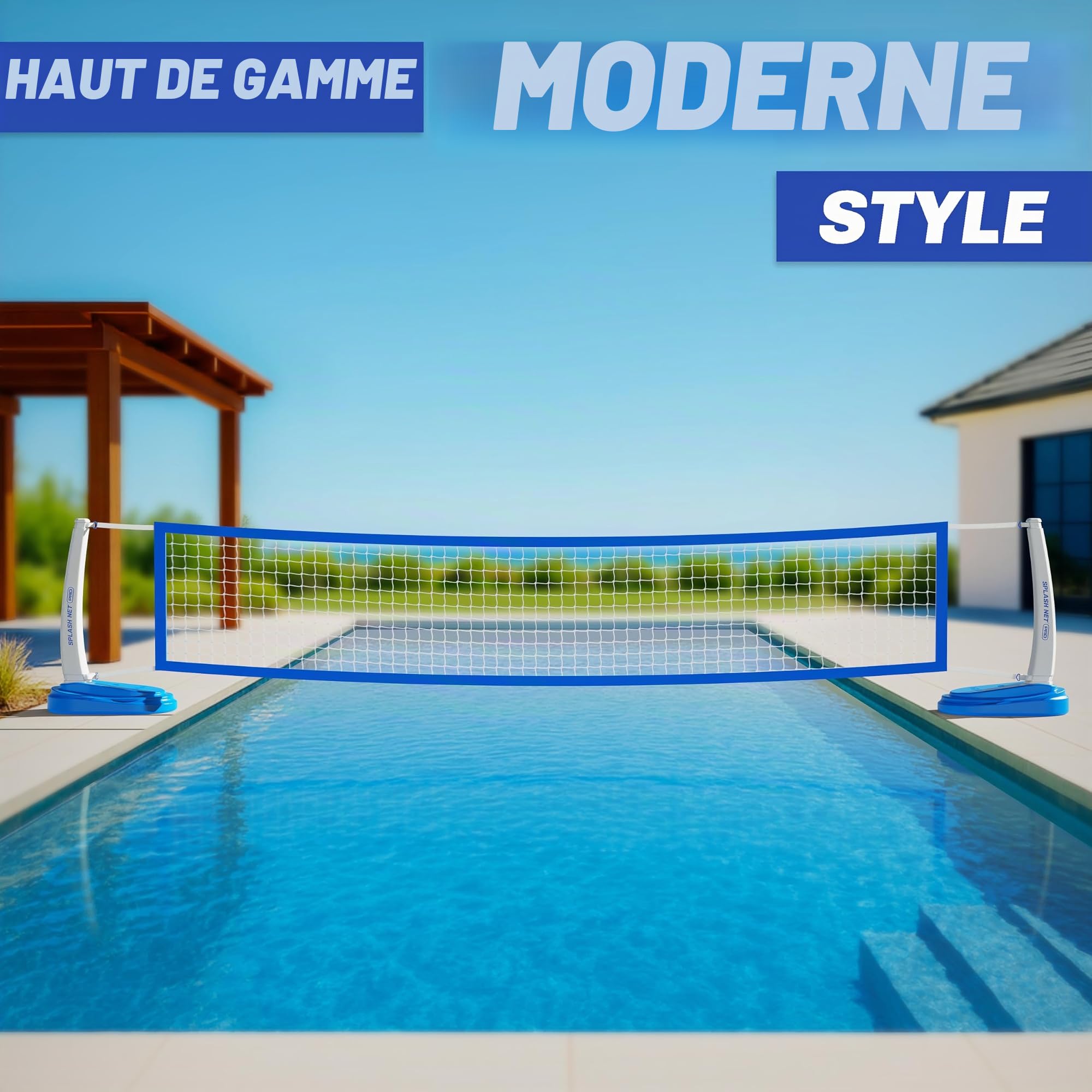 GoSports Splash Net Pro Filet de Volleyball pour Piscine avec 2 Ballons et Pompe, Blanc, Rouge, Bleu