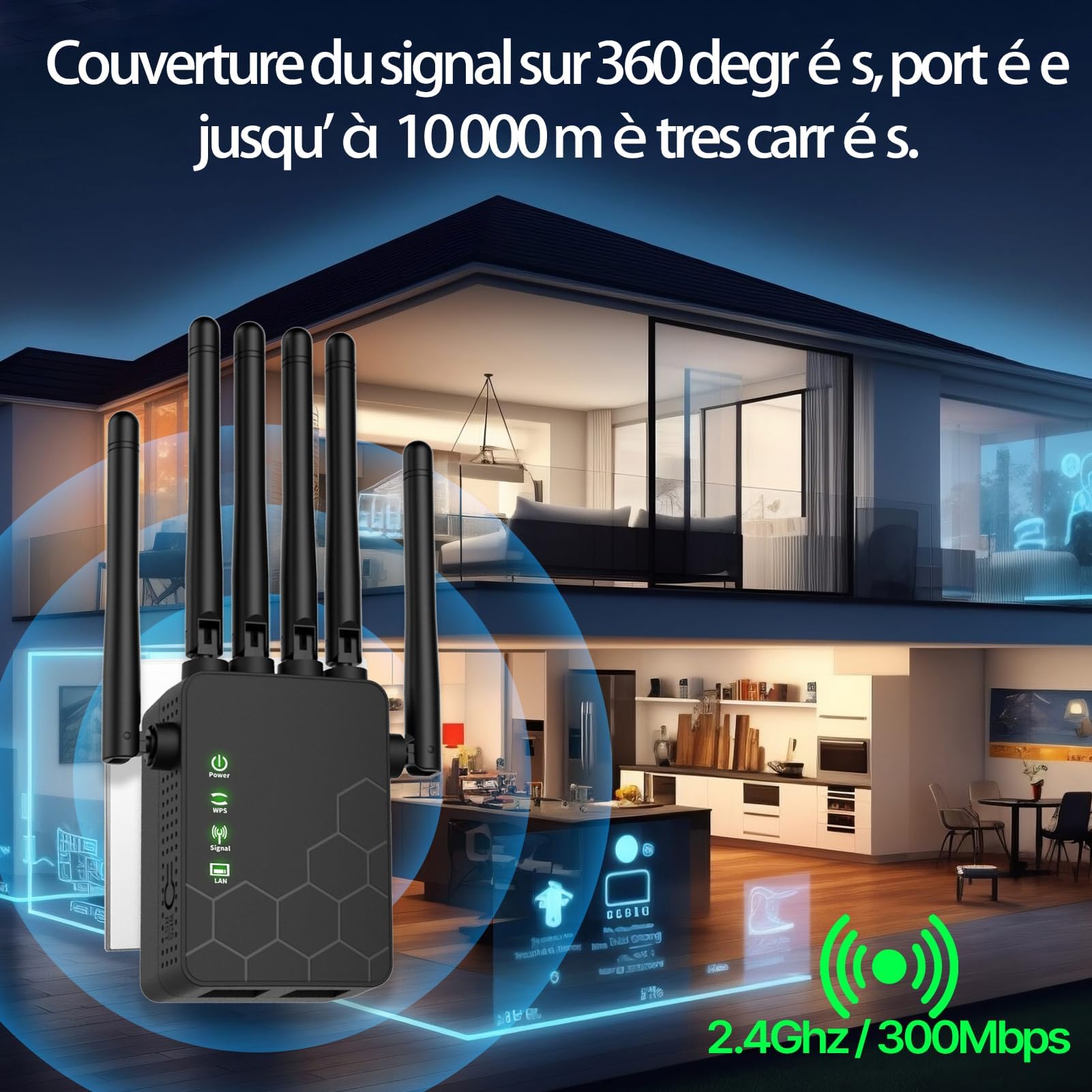2024 Nouveau Répéteur WiFi Puissant, Amplificateur WiFi Dispose de 6 antennes murales percées puissantes,Extension WiFi pour la Maison et Le Bureau, Répéteur/Routeur/AP.