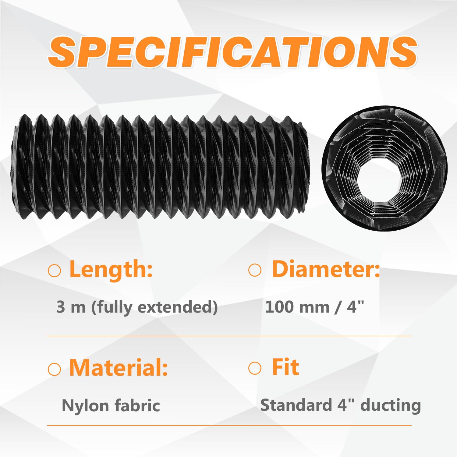 Divalune Gaine d’Aération Ø100 mm 3 m Noir – Tuyau Flexible en Nylon Renforcé, Isolation Thermique & Réduction du Bruit, Résistant à 120°C pour Climatisation, Hotte, Salle de Bain - 3