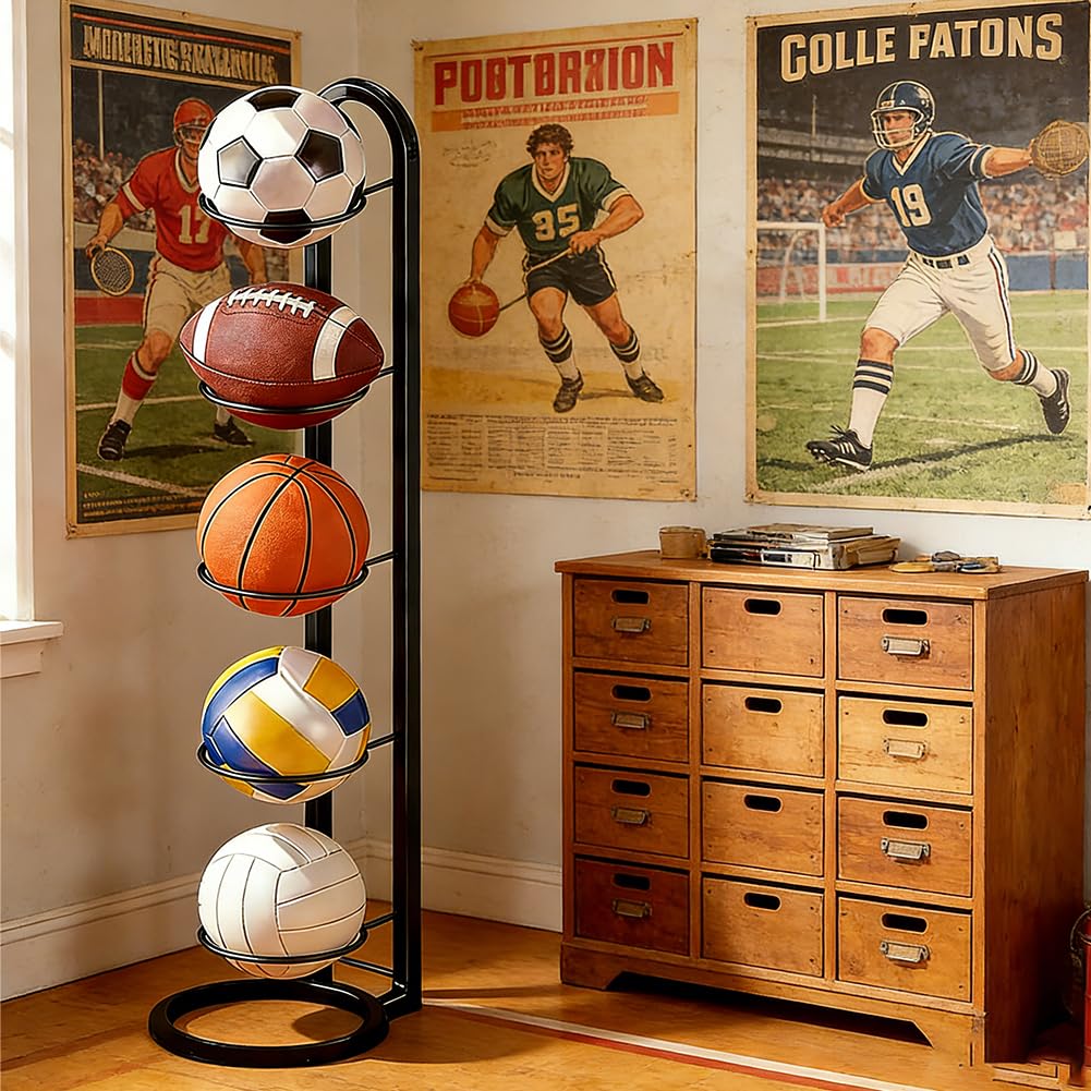 Soporte para pelotas de fútbol, baloncesto y más – Soporte de bola de metal de 5 niveles negro