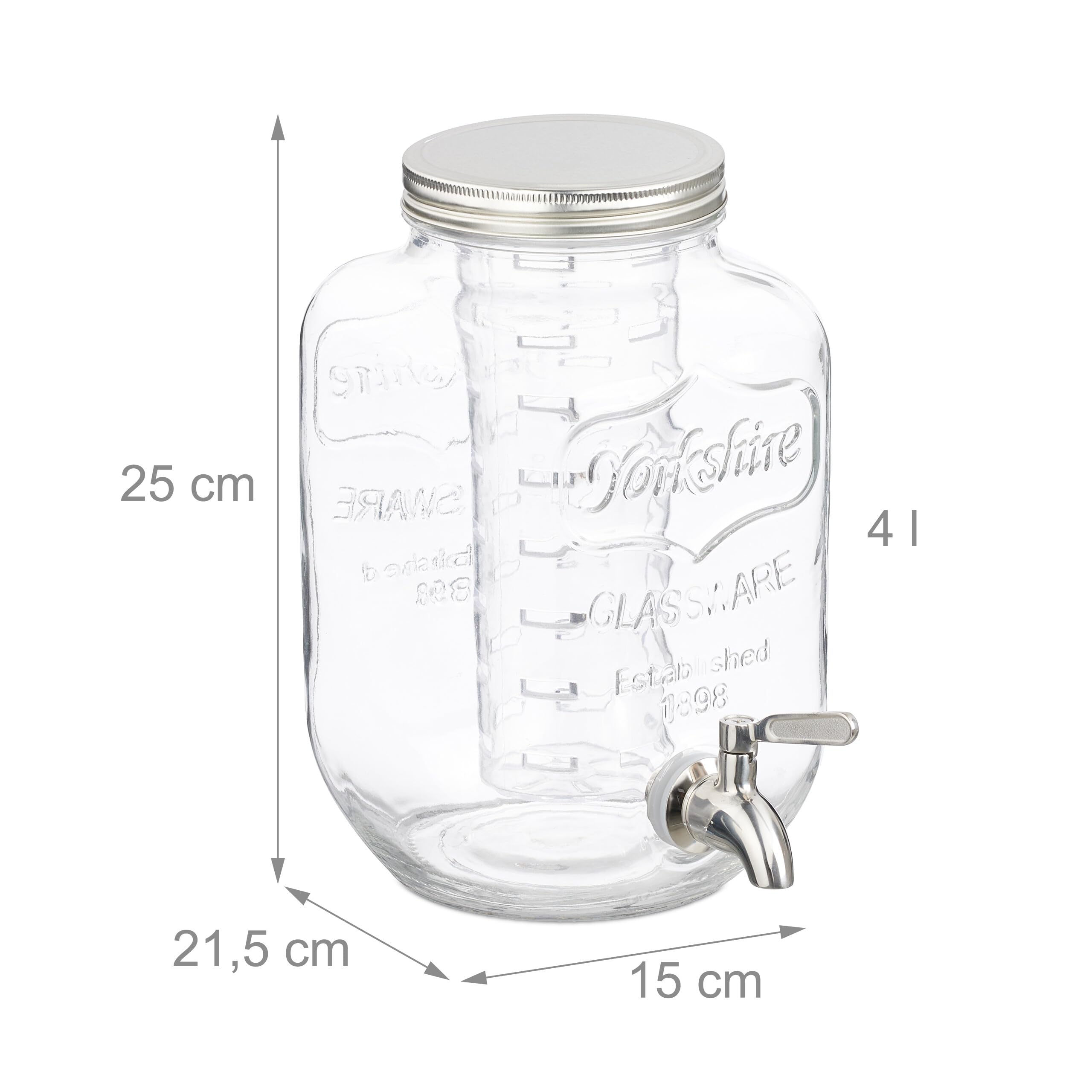 Relaxdays Dispenser in Vetro per Bevande, Erogatore con Rubinetto e Coperchio da 4 L, Distributore Acqua, Filtro Interno