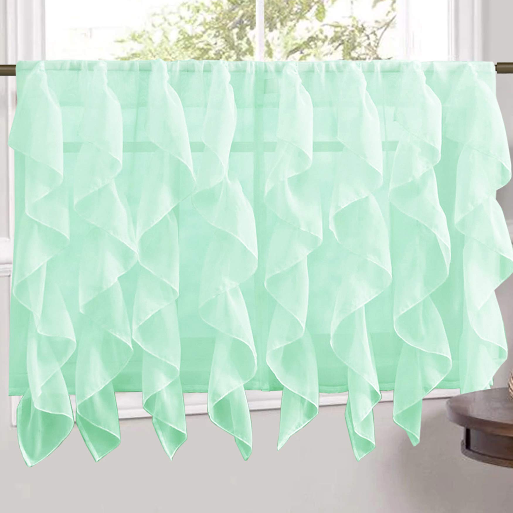 Cortinas de cocina de 24 pulgadas con volantes en cascada color menta