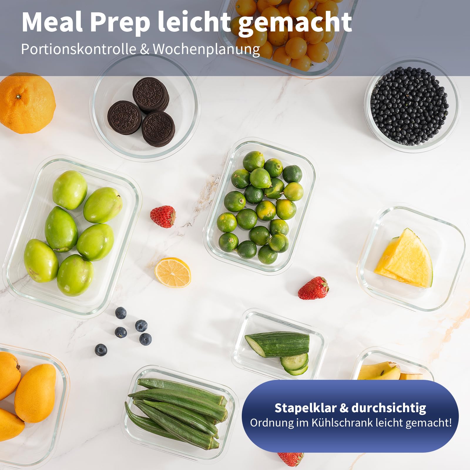 Meal Prep Cajas de cristal, tarros de cristal con tapa, juego de recipientes herméticos con tapa a prueba de fugas, para microondas, congelador y fregadero, 15 unidades, color azul