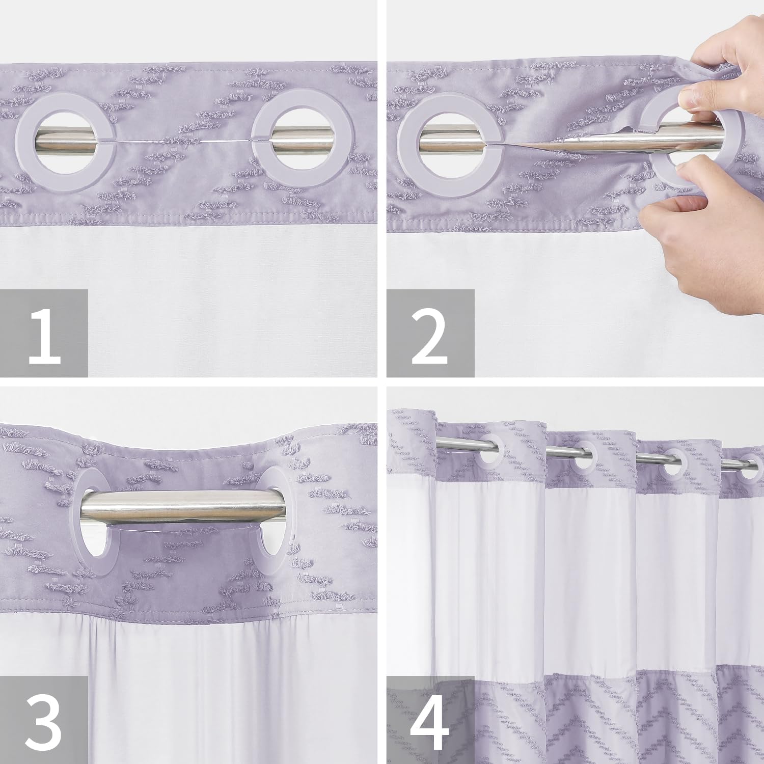 eachope Stall No Hook Boho Farmhouse Shower Curtain with Snap-in Fabric Liner set-54Wx80H(78H),Tufted Chevron Striped Hotel Grade Cloth Shower Curtains for Bathroom,Water Repellent,Lavender