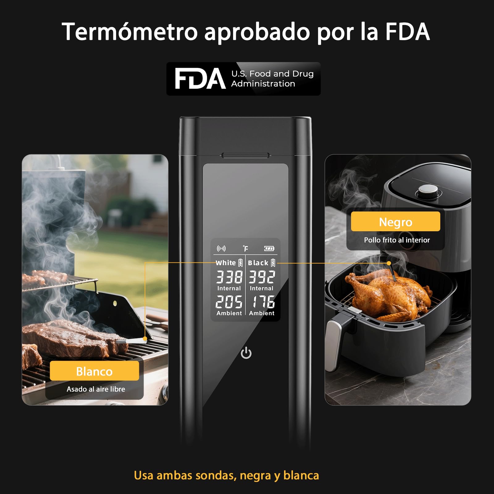 BlueSwan Termómetro de Cocina Inalámbrico con 2 Sondas Aptas para Lavavajillas IP67, Termómetro Digital Inteligente Caja Magnética, 150m Bluetooth App y 9 Modos de Carne, BBQ, Parrilla, Horno, Grill