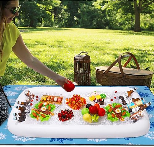 Miniatura 5 de 2 barras inflables para servir con tapón de drenaje, bandeja de bufé de ensalada de bebidas con cubierta de malla para alimentos en interiores y