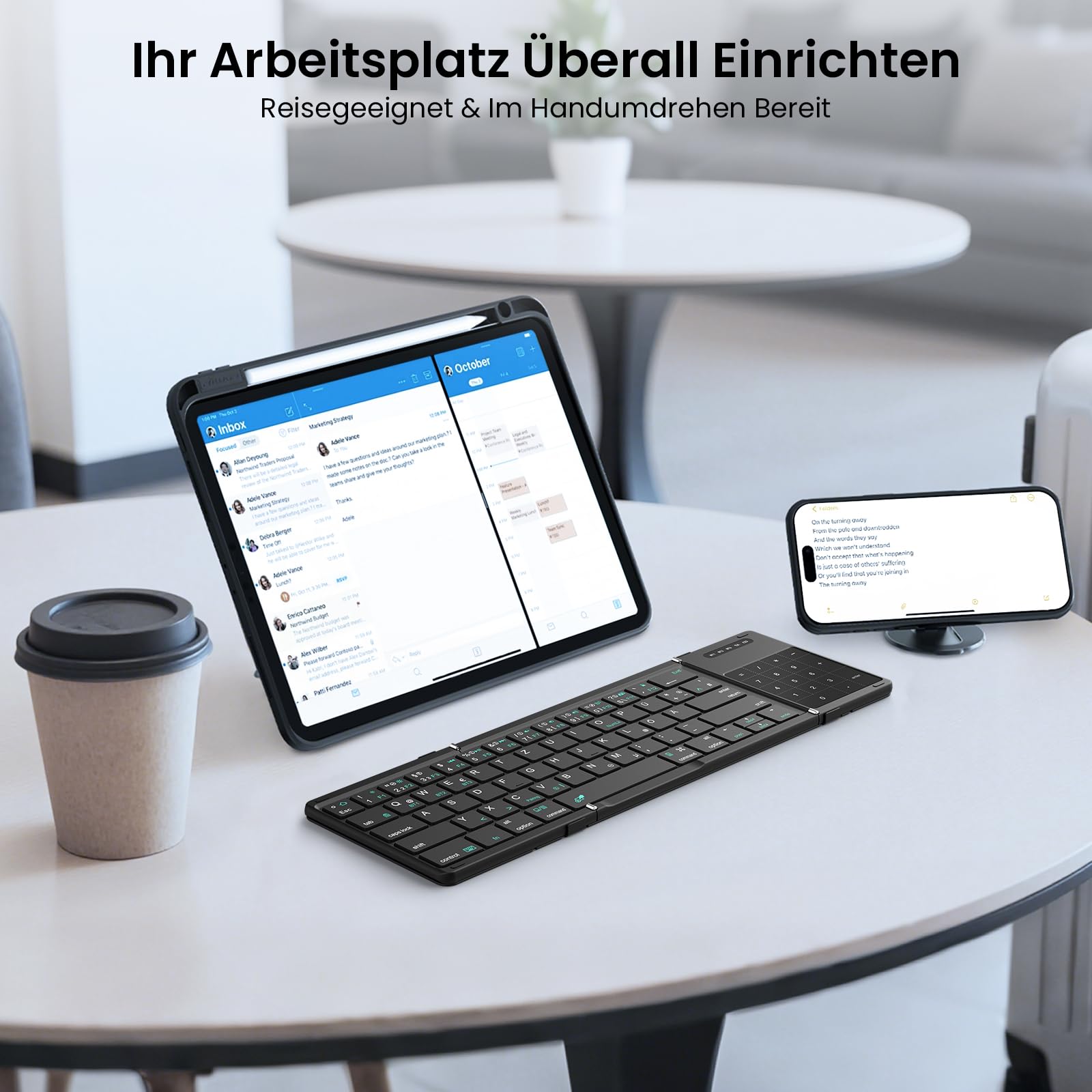 Nillkin Faltbare Bluetooth Tastatur mit Touchpad, Wiederaufladbare QWERTZ-Klapptastatur mit Ziffernblock, Tragbare Mini-Tastatur für iPad, iOS, Android und Windows Laptop & Tablet, Leder-Schwarz