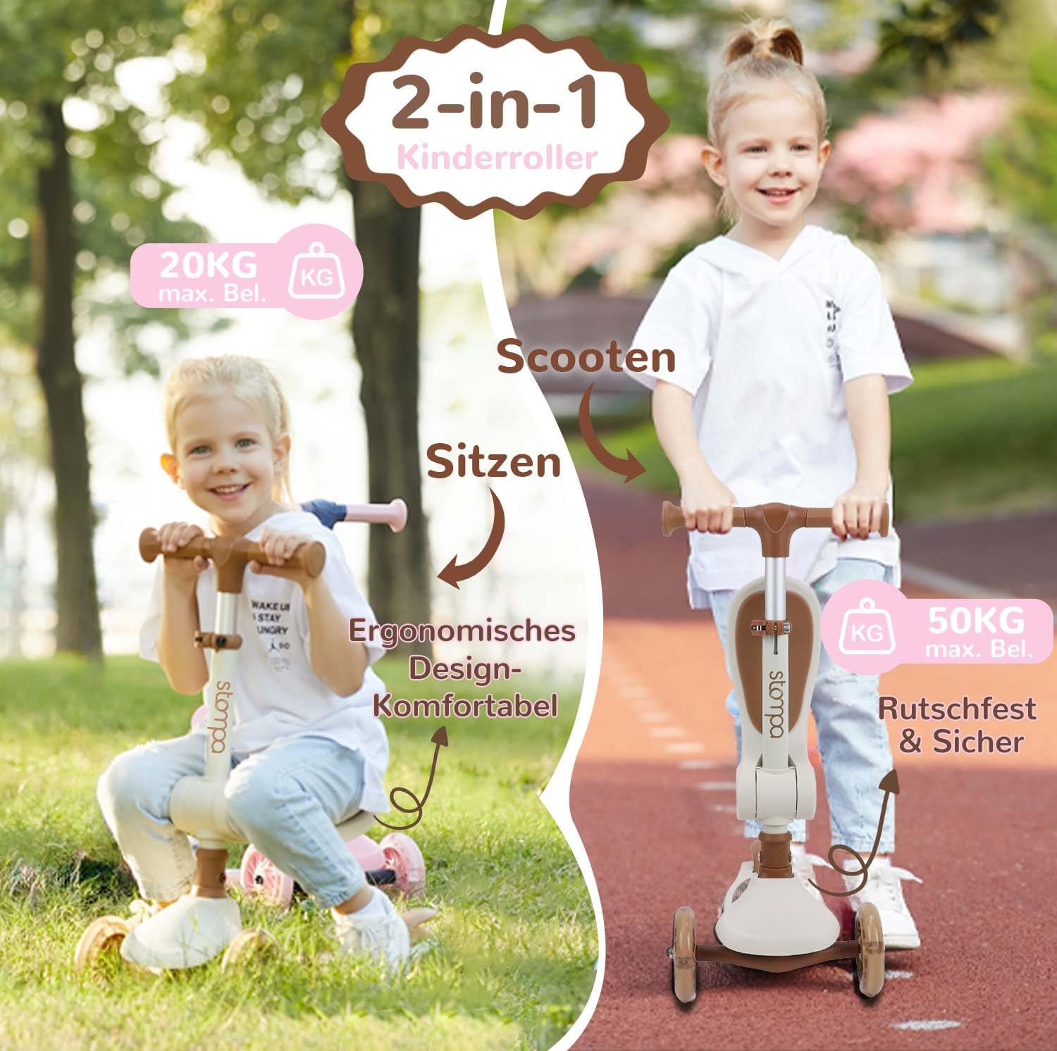 Stompa Roller Kinder 2 Jahre Scooter 2 in 1 Kinderroller ab 2 Jahre bis zu 50 kg mit Klappbar Sitz &LED Räder, Höhenverstellbarer, Faltbar Tretroller Dreirad Roller für Kleinkinder Jungen Mädchen