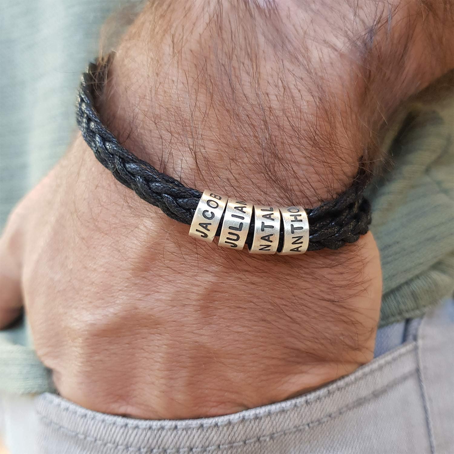 Handmade Custom Engraved Individual Beads for Men's Leather/Wax Cotton Bracelet in Sterling Silver 925 - Beads Kit for Bracelets
