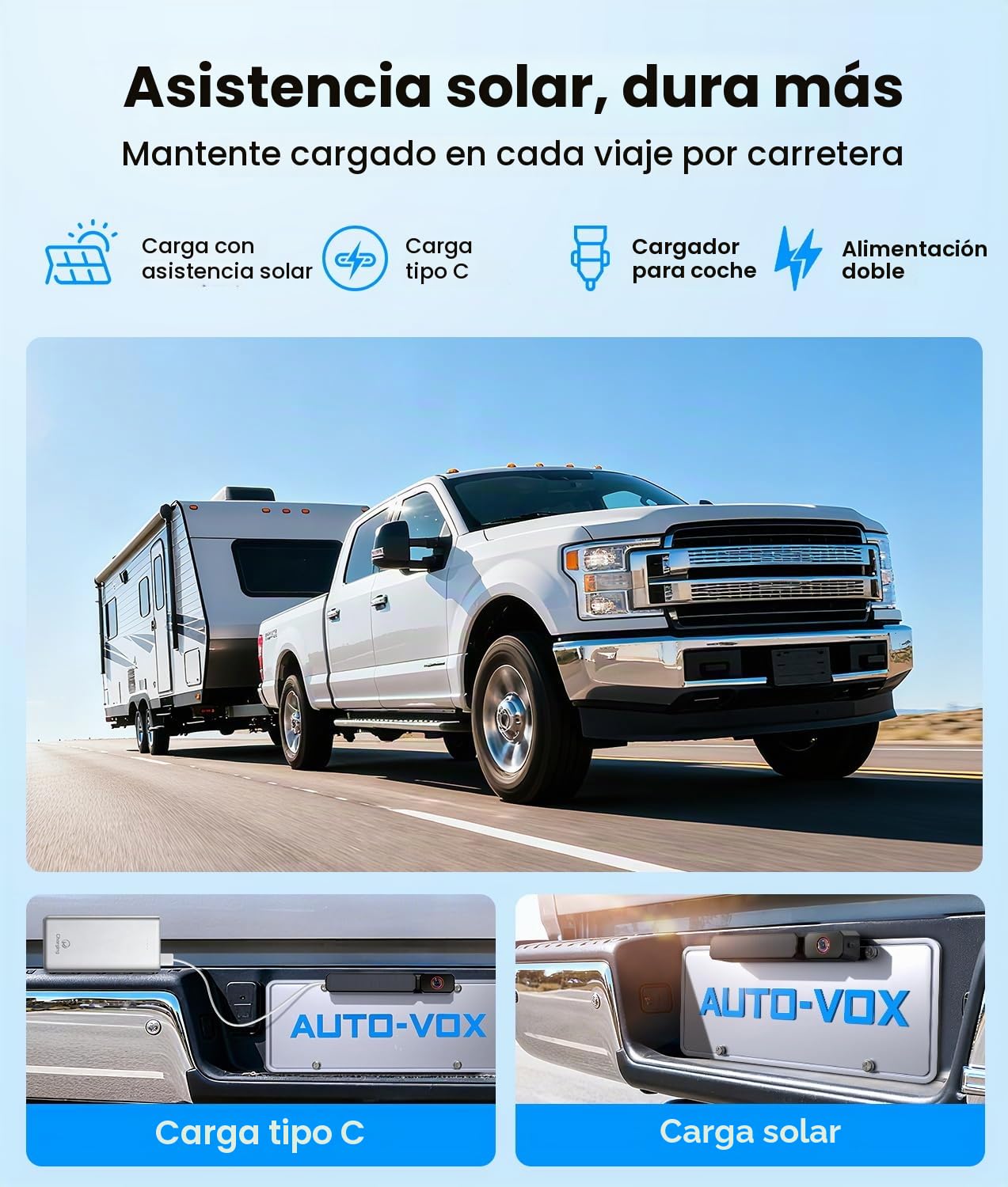 AUTO-VOX Kit de cámara de marcha atrás inalámbrica alimentada por energía solar, instalación en 3 minutos, cámara de respaldo de imagen clara con impermeabilidad IP69K para coches y furgonetas