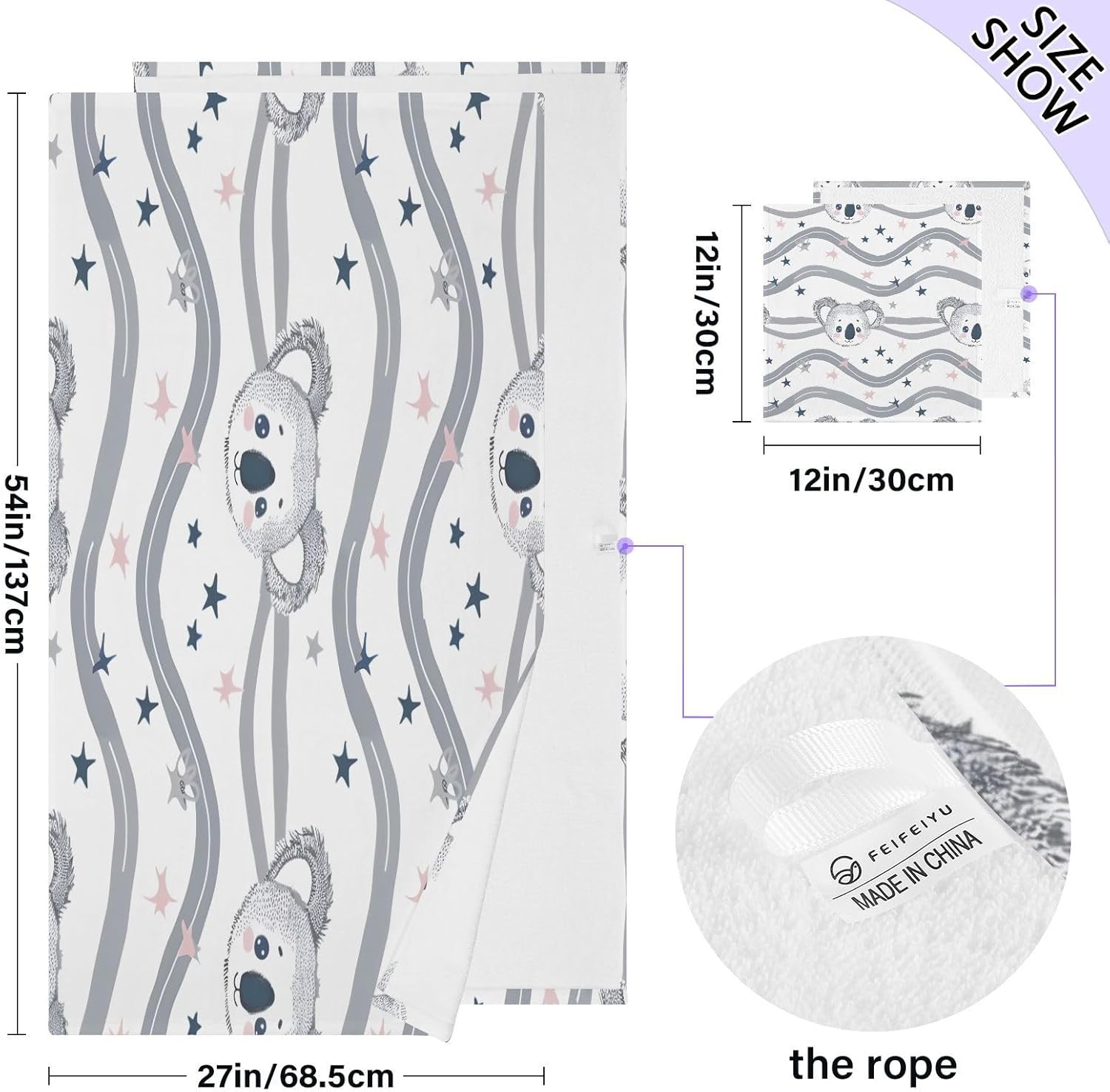 Hand Towels Premium Soft and Highly Absorbent Koala Striped Background 2 Pcs Towels for Bathroom Set 100% Cotton Decorative Face Towels