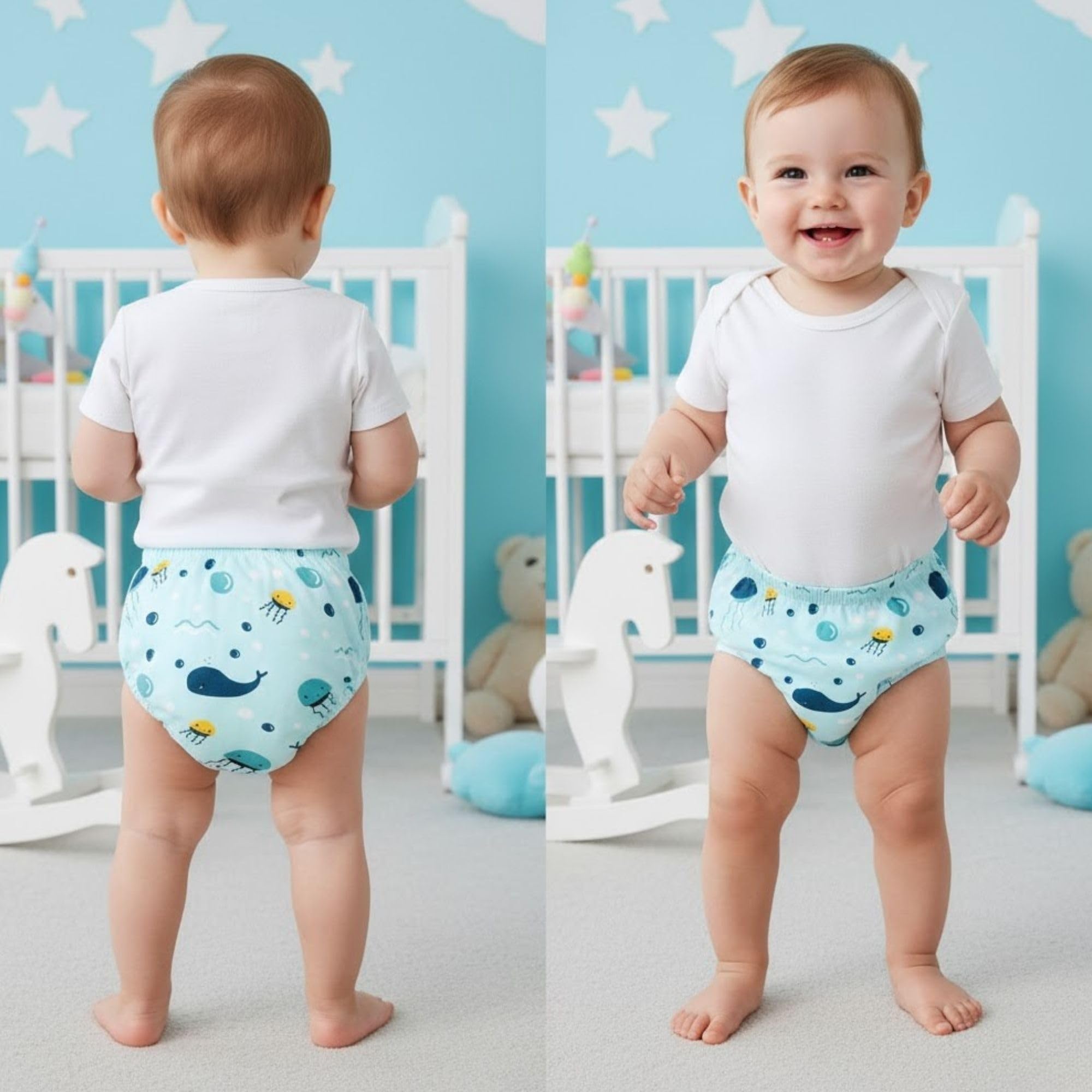 BEMBIKA Potty Training Pant for Babies Cotton Reusable Leakproof Padded Underwear for Kids Ideal for Diaper-Free Time & Mess-Free Potty Training - (Underwater World - 12M to 18M-M)