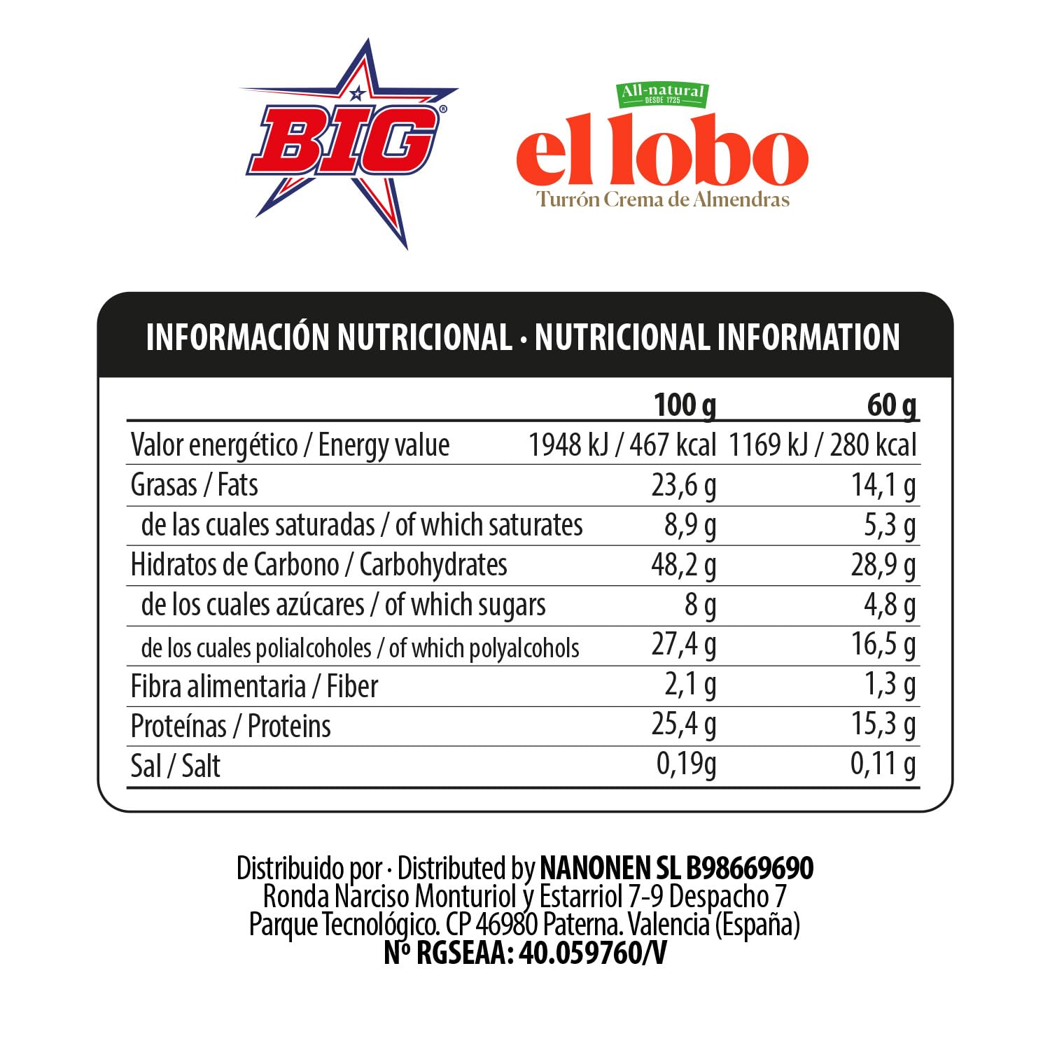 BIG - Barritas Proteina - Barritas Proteinas Turrón Almendras y Chocolate Blanco El Lobo - Snack Saludable Alto en Proteínas - +25gr por Barrita - Protein Bar Sabor Turrón - Sin Gluten - Caja (15 uds)