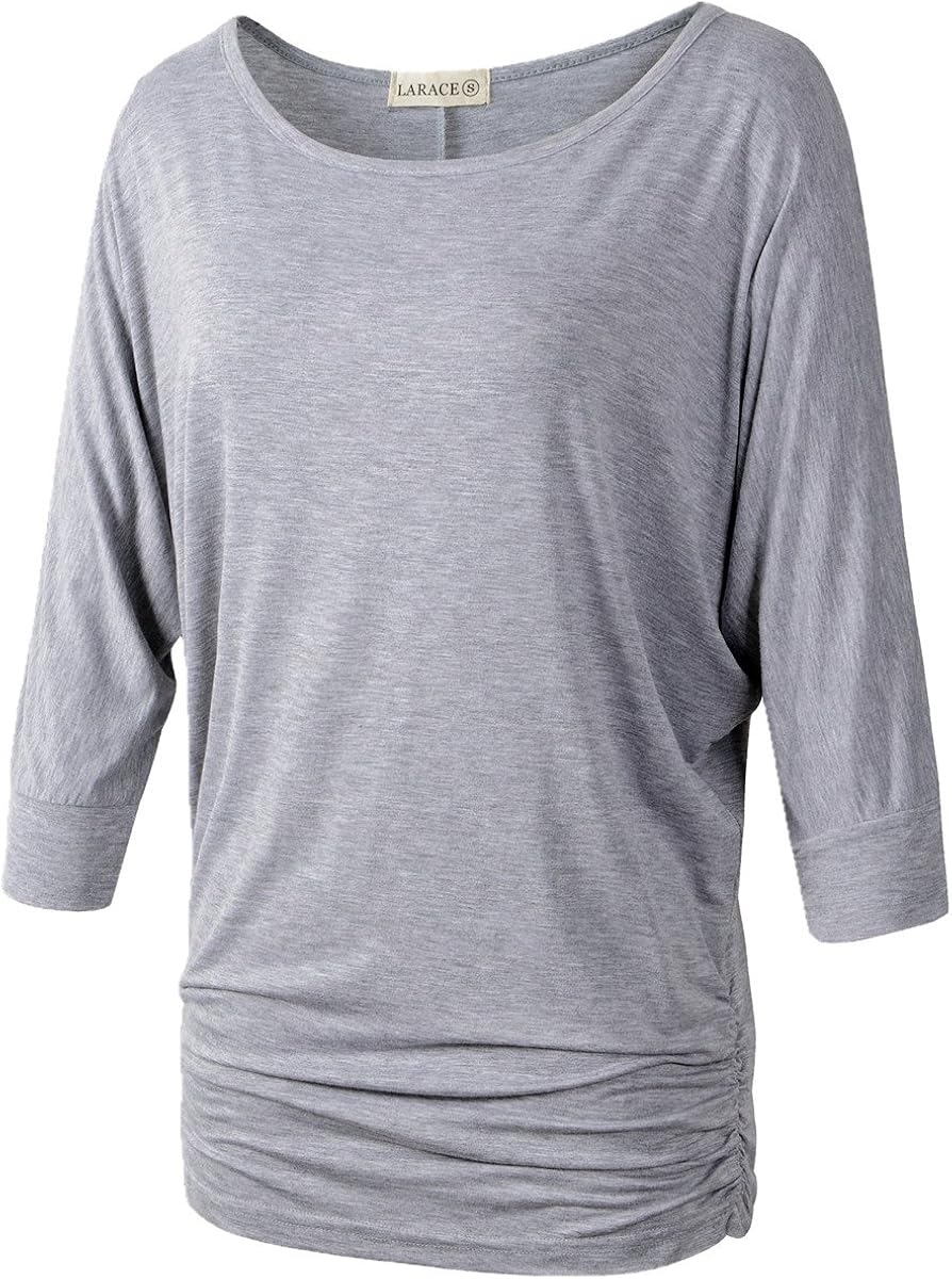 LARACE Womens Dolman Sleeves Drape Tops Solid Side Shirring Jersey Tee
