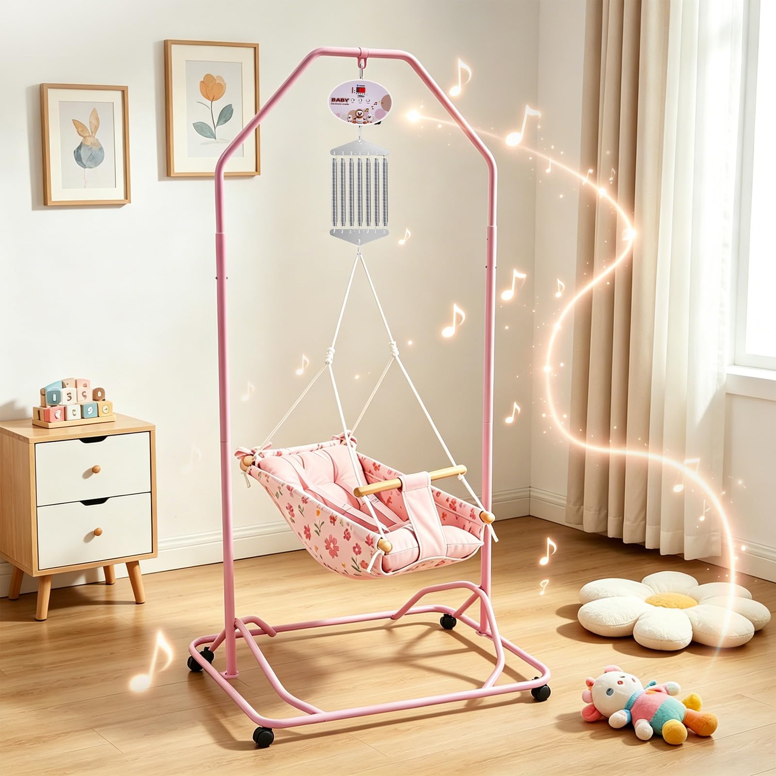Regolatore Elettrico per Altalena per Neonati, Motore per Culla a Molla con capacità di carico di 20 kg, Controllo per sdraietta sospesa con Funzione Timer e Musica Regolabile(Rosa)