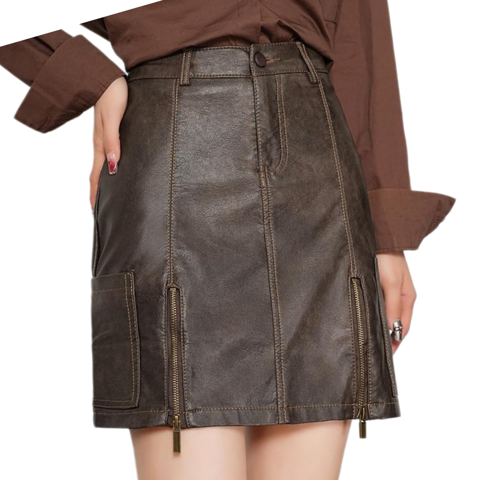 Minifalda Mujeres De Alta Cintura PU Cuero Mini Falda A-línea Slim Fit Otoño Invierno, Falso Falda-Brown-s