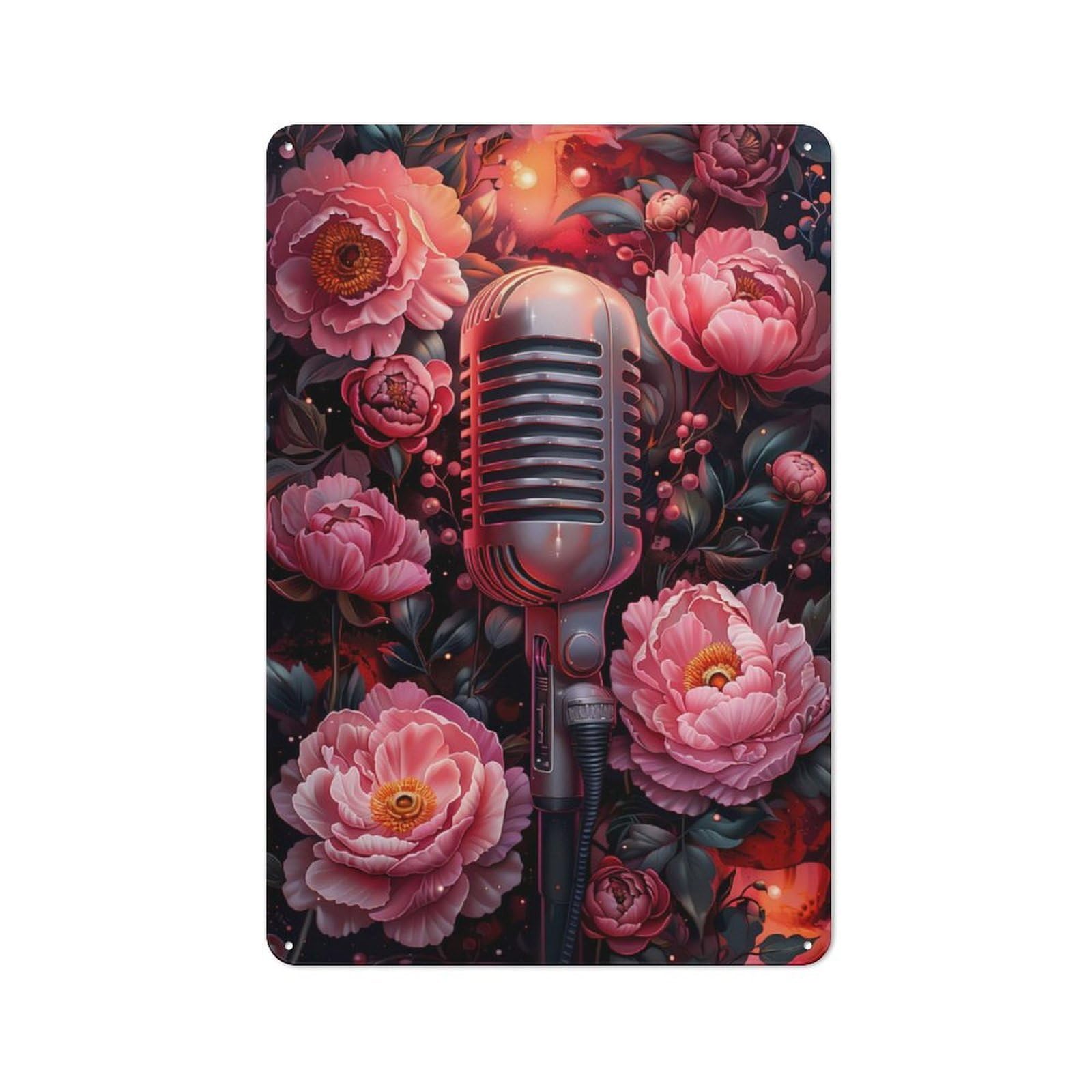 Floral Microphone Cottage Style Metal Wall Decor 30x20cm, Farmhouse Metal Sign for Farmhouse Kitchen, Pantry Or Dining Area