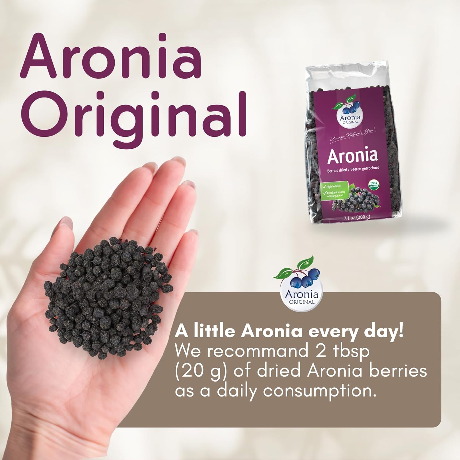 Organic Dried Aronia Berries 7.1 oz (6-Pack) – No Sugar Added | Vegan, Non-GMO, Gently Dried Black Chokeberries | High in Antioxidants & Fiber – Made in Germany