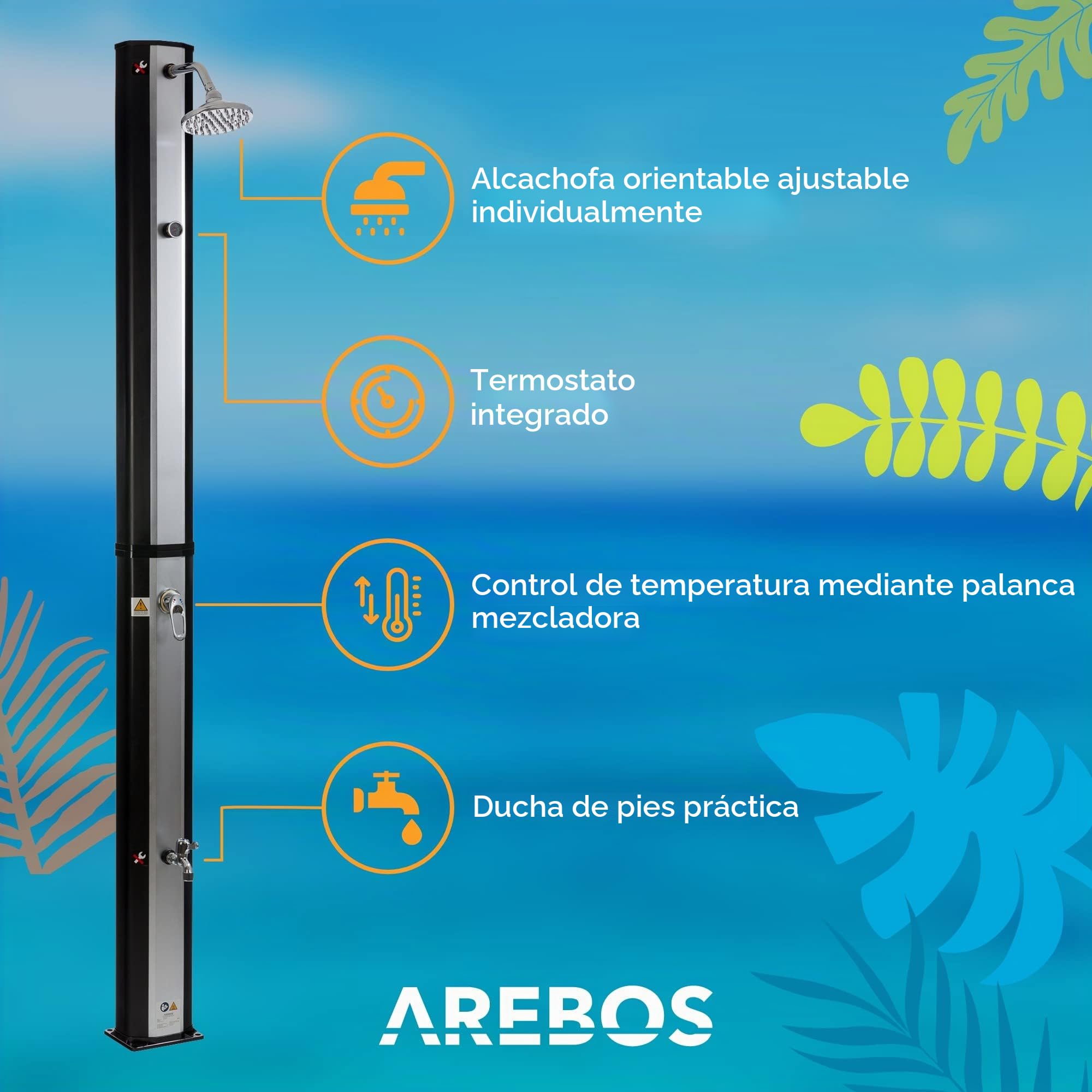 Arebos Ducha Solar 35L y Elemento de Suelo | con termómetro Integrado y Ducha de pie | Incl.Portada | Ducha de Piscina para el jardín | Temperatura del Agua hasta 60°C